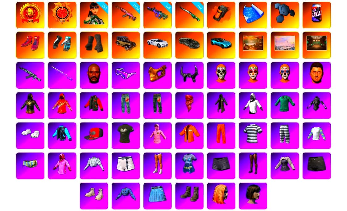 Orange Smoke Grenade, Hi-top Trainers (Red), Shroud's Gloves, Duncan's Infiltrator Handwraps, «Chiron» Sports Car, «V12 Vantage Roadster (Luxe)» Sports Car, Showroom, Jonathan Kamau, Snow Glasses, PGC 2021 Contingent Chaos Mask, Demon Biker Horns, PLAYERUNKNOWN's Bandana, Heavy Fur Coat (Black), Polar Bear Feet, Escapee Jacket, Jailbird T-Shirt, Rash Vest, Rash Beixli Xtra Tough Jacket, aespa Stage, Harley Quinn's Hair, Rash Beixli Xtra Tough Jacket, Ghosted — AKM, JennaJulien's M24, Shroud's Varsity Jacket, The Mau5 Hat, aespa NINGNING, XingHun's Tiger Strike Jacket, XingHun's Tiger Strike Pants, NPL 2019 Phase 2 Jacket, Exquisite Pants, MET Asia Series Distressed Jeans, NH-Esports Jacket, StreamerOne, GPT 2025 Four Angry Men Jacket, aespa WINTER, Full Autumn — M416, Silver Plate — M416, Crimson Snowflake - QBZ, Gold Plate — M416, NH-ESPORTS - Beryl M762, Bengal Blade - SCAR-L, shroud's M16A4, MOZZ's M24, Festive Gloves (Red), Rose-tinted Glasses, shroud's Cloth Mask, Esports IGL Shirt - 1