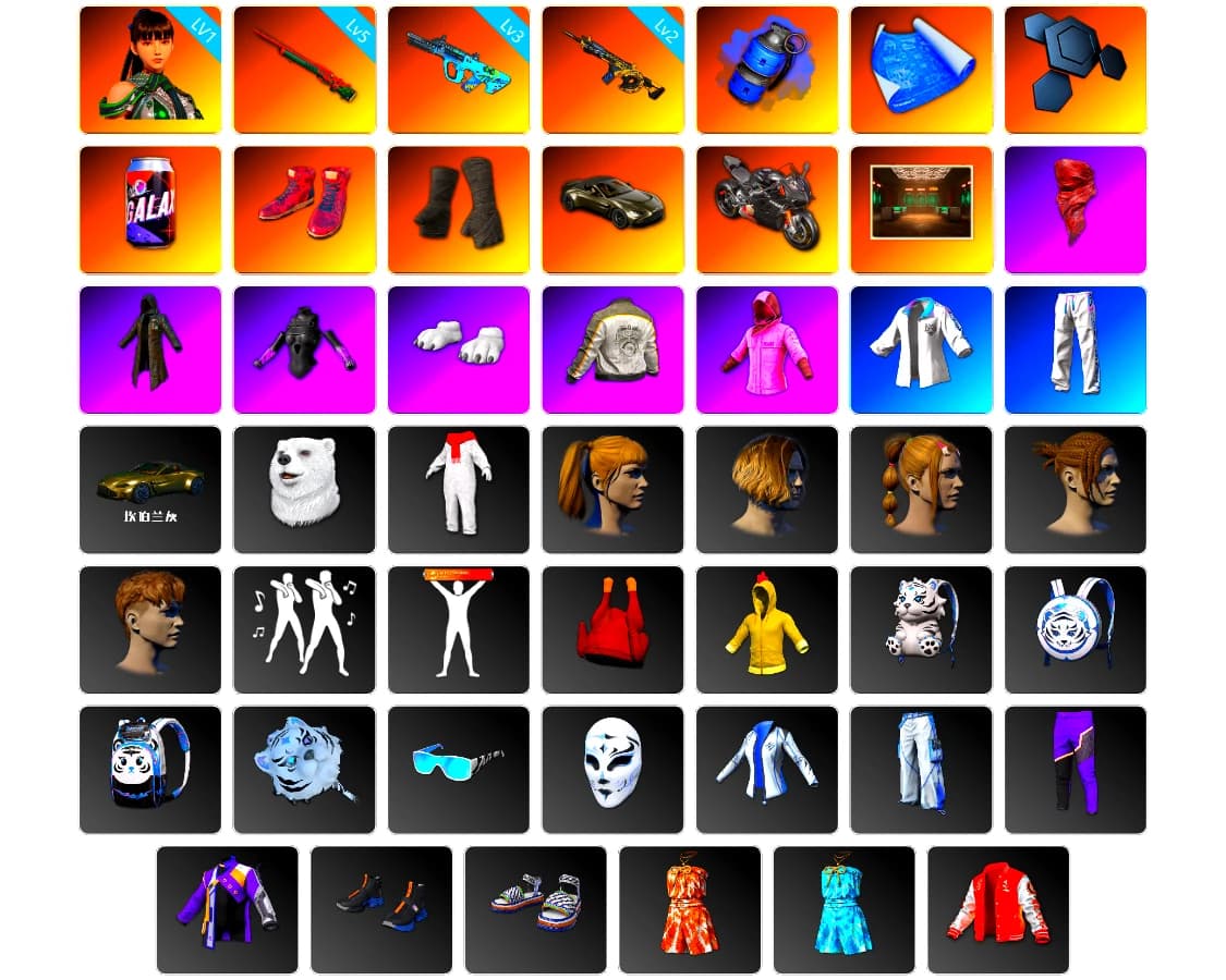 Blue Smoke Grenade, Hi-top Trainers (Red), Duncan's Infiltrator Handwraps, «V12 Vantage Roadster» Sports Car, «Panigale V4 S (Pitch Black)» Motorcycle, PLAYERUNKNOWN's Bandana, Heavy Fur Coat (Black), Polar Bear Feet, Rash Beixli Xtra Tough Jacket, Harley Quinn's Hair, Rash Beixli Xtra Tough Jacket, PML 2019 Phase 2 Jacket, XingHun's Tiger Strike Jacket, XingHun's Tiger Strike Pants, XiongDi Hoodie, StreamerOne, Blue Thunder Gloves - 2