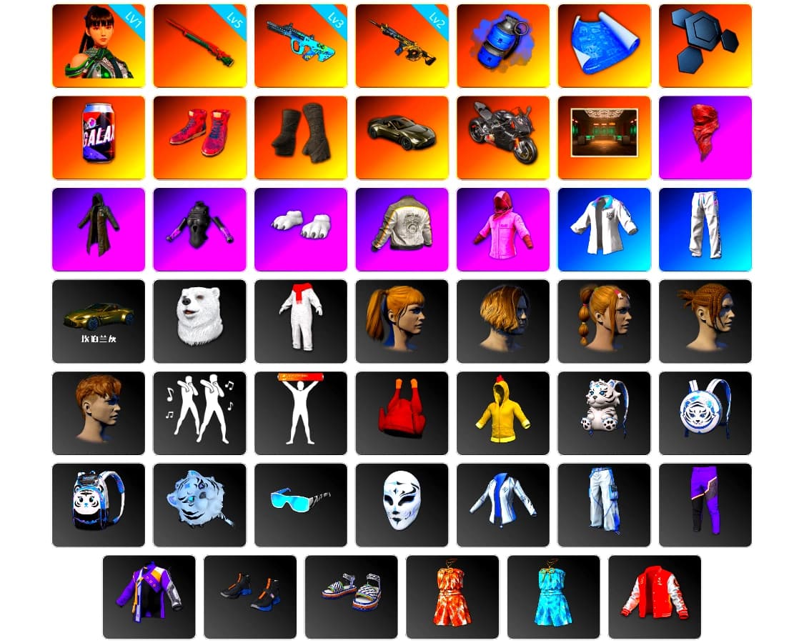 Blue Smoke Grenade, Hi-top Trainers (Red), Duncan's Infiltrator Handwraps, «V12 Vantage Roadster» Sports Car, «Panigale V4 S (Pitch Black)» Motorcycle, PLAYERUNKNOWN's Bandana, Heavy Fur Coat (Black), Polar Bear Feet, Rash Beixli Xtra Tough Jacket, Harley Quinn's Hair, Rash Beixli Xtra Tough Jacket, PML 2019 Phase 2 Jacket, XingHun's Tiger Strike Jacket, XingHun's Tiger Strike Pants, XiongDi Hoodie, StreamerOne, Blue Thunder Gloves - 1