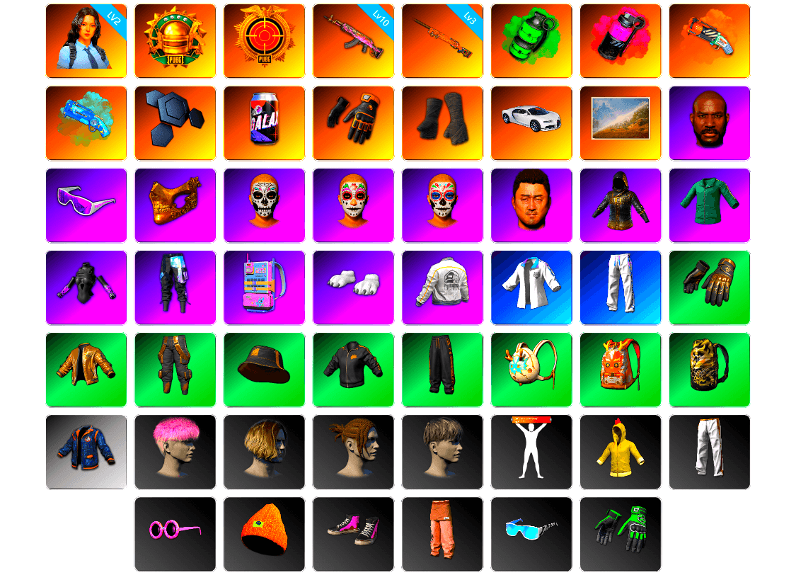 Emerald Smoke Grenade, Magenta Smoke Grenade, Orange Fog of Fury — M79, Blue Magical Mist — M79, Mazarin1k's Gloves, Duncan's Infiltrator Handwraps, «Chiron» Sports Car, Jonathan Kamau, Snow Glasses, PGC 2021 Contingent Chaos Mask, Polar Bear Feet, PEL 2019 Phase 2 Jacket, XingHun's Tiger Strike Jacket, XingHun's Tiger Strike Pants, Exquisite Pants, MET Asia Series Distressed Jeans, StreamerOne, Training Jacket (Green), Blue Thunder Gloves, Crash Test Handwraps, Diva Glasses (White), PAI 2019 Mask, Esports IGL Shirt - 1