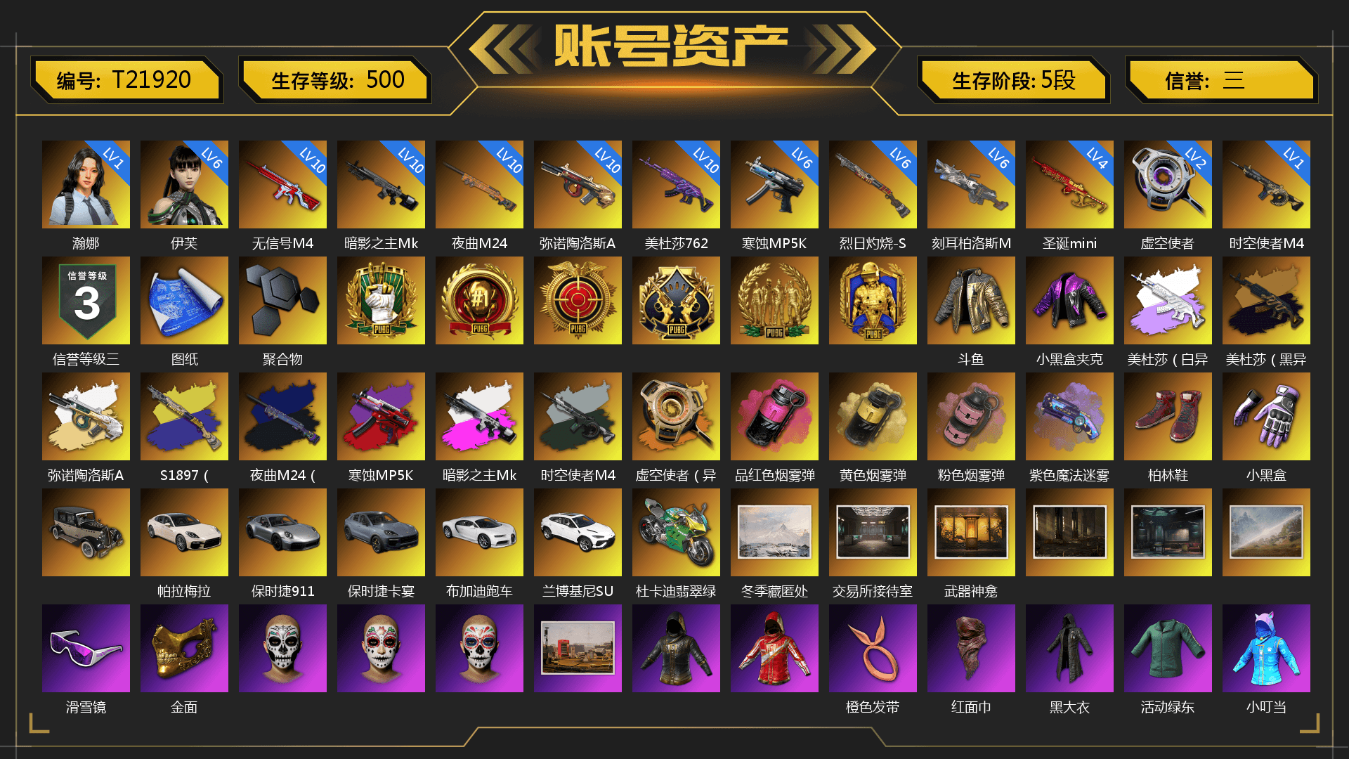 Medusa — Beryl M762 (Gray Purple), Medusa — Beryl M762 (Gold Charcoal), Final Serenade — M24 (Blue Black), Obscura - Mk12 (Silver Fuchsia), Time Keeper - M416 (Gray Green), Void — Pan (Yellow Orange), Magenta Smoke Grenade, Yellow Smoke Grenade, Pink Smoke Grenade, Purple Magical Mist — M79, Hi-top Trainers (Red), «Panamera Turbo S» Sedan, «911 Carrera GTS» Sports Car, «Cayenne Turbo GT» SUV, «Chiron» Sports Car, «Urus S» SUV, «Panigale V4 S (Jaded)» Motorcycle, Snow Glasses, PGC 2021 Contingent Chaos Mask, PLAYERUNKNOWN's Bandana, Heavy Fur Coat (Black), Polar Bear Feet, Kakao, Harley Quinn's Hair, StreamerOne, Blue Thunder Gloves, Diva Glasses (White) - 1