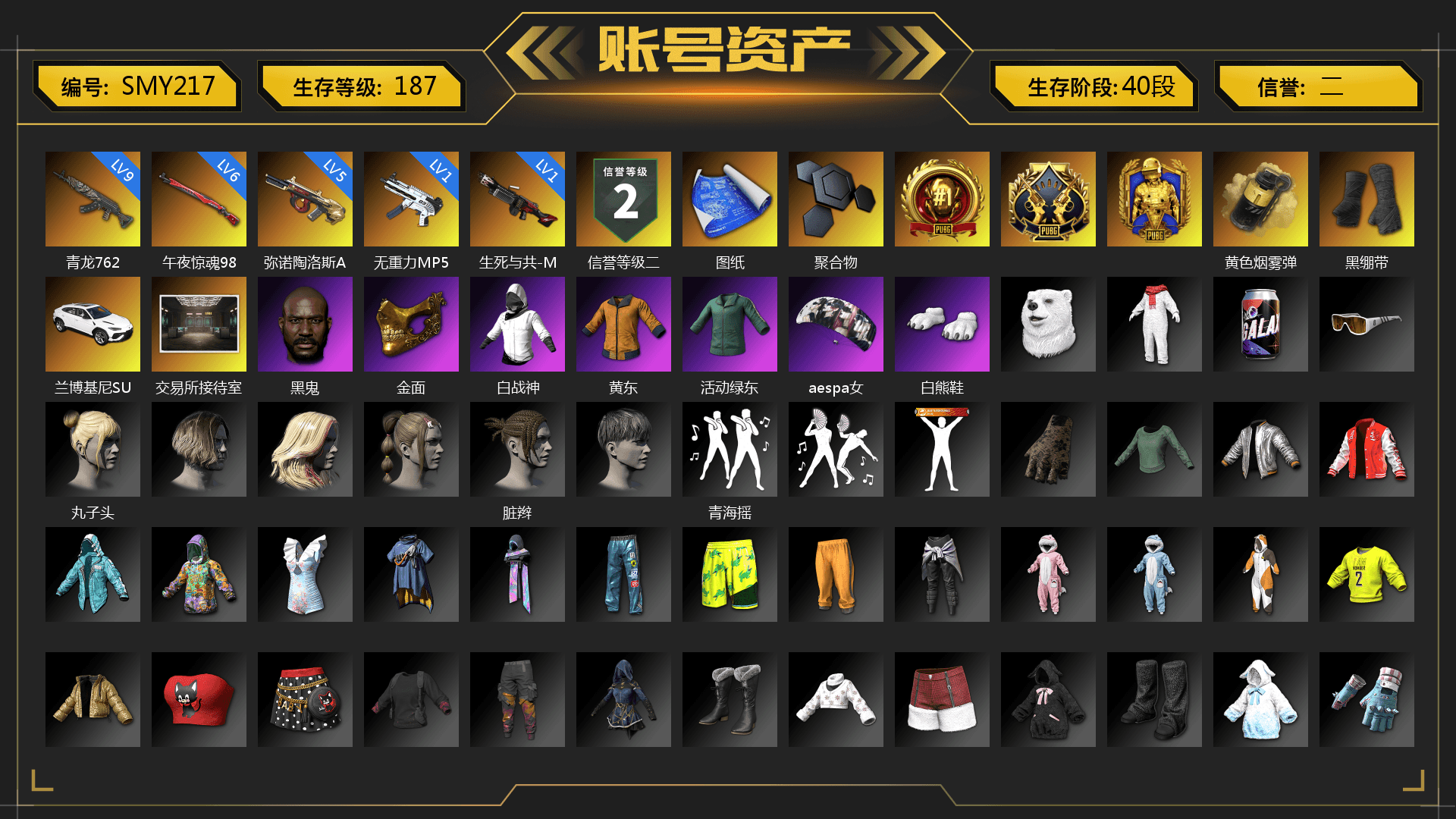 Yellow Smoke Grenade, Duncan's Infiltrator Handwraps, «Urus S» SUV, Jonathan Kamau, PGC 2021 Contingent Chaos Mask, Aespa, Polar Bear Feet, XiongDi Hoodie, Sha Wujing's Shorts, StreamerOne, Training Jacket (Green), Full Autumn — M416, Blue Thunder Gloves, Sideshow Bear Feet - 1