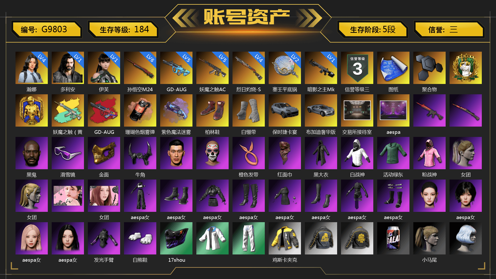 G-DRAGON — AUG (Red), Coral Smoke Grenade, Purple Magical Mist — M79, Hi-top Trainers (Red), PGI Title Wraps, «Cayenne Turbo GT» SUV, Jonathan Kamau, Snow Glasses, PGC 2021 Contingent Chaos Mask, Demon Biker Horns, PLAYERUNKNOWN's Bandana, Heavy Fur Coat (Black), Rash Beixli Xtra Tough Jacket, Blackpink, Aespa, Polar Bear Feet, Harley Quinn's Hair, Rash Beixli Xtra Tough Jacket, Speed & Momentum — M416, Speed & Momentum — Kar98k, XingHun's Tiger Strike Jacket, XingHun's Tiger Strike Pants, PKL 2019 Phase 2 Jacket, Exquisite Pants, Sha Wujing's Shorts, StreamerOne, GPT 2025 Four Angry Men Jacket, Training Jacket (Green), Full Autumn — M416, Blue Thunder Gloves, GLL Grand Slam Sweatshirt, HUYA T-shirt, DOUYU T-shirt - 1