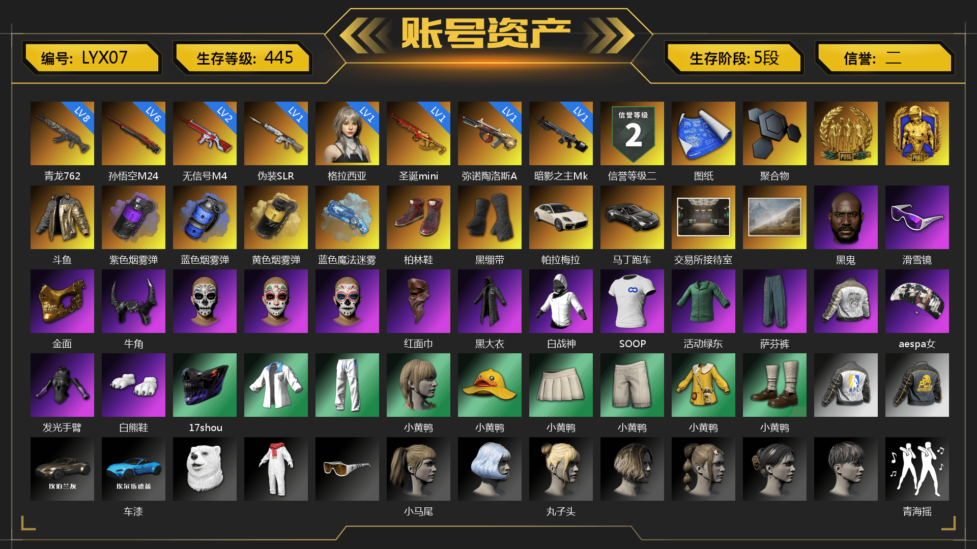 Purple Smoke Grenade, Blue Smoke Grenade, Yellow Smoke Grenade, Blue Magical Mist — M79, Hi-top Trainers (Red), Duncan's Infiltrator Handwraps, «Panamera Turbo S» Sedan, «V12 Vantage Roadster» Sports Car, Jonathan Kamau, Snow Glasses, PGC 2021 Contingent Chaos Mask, Demon Biker Horns, PLAYERUNKNOWN's Bandana, Heavy Fur Coat (Black), SOOP T-Shirt, Aespa, Polar Bear Feet, Harley Quinn's Hair, PML 2019 Phase 2 Jacket, XingHun's Tiger Strike Jacket, XingHun's Tiger Strike Pants, NPL 2019 Phase 2 Jacket, Exquisite Pants, Sha Wujing's Shorts, StreamerOne, Festive Gloves (Red), Blue Thunder Gloves, GLL Grand Slam Sweatshirt, HUYA T-shirt, DOUYU T-shirt - 1
