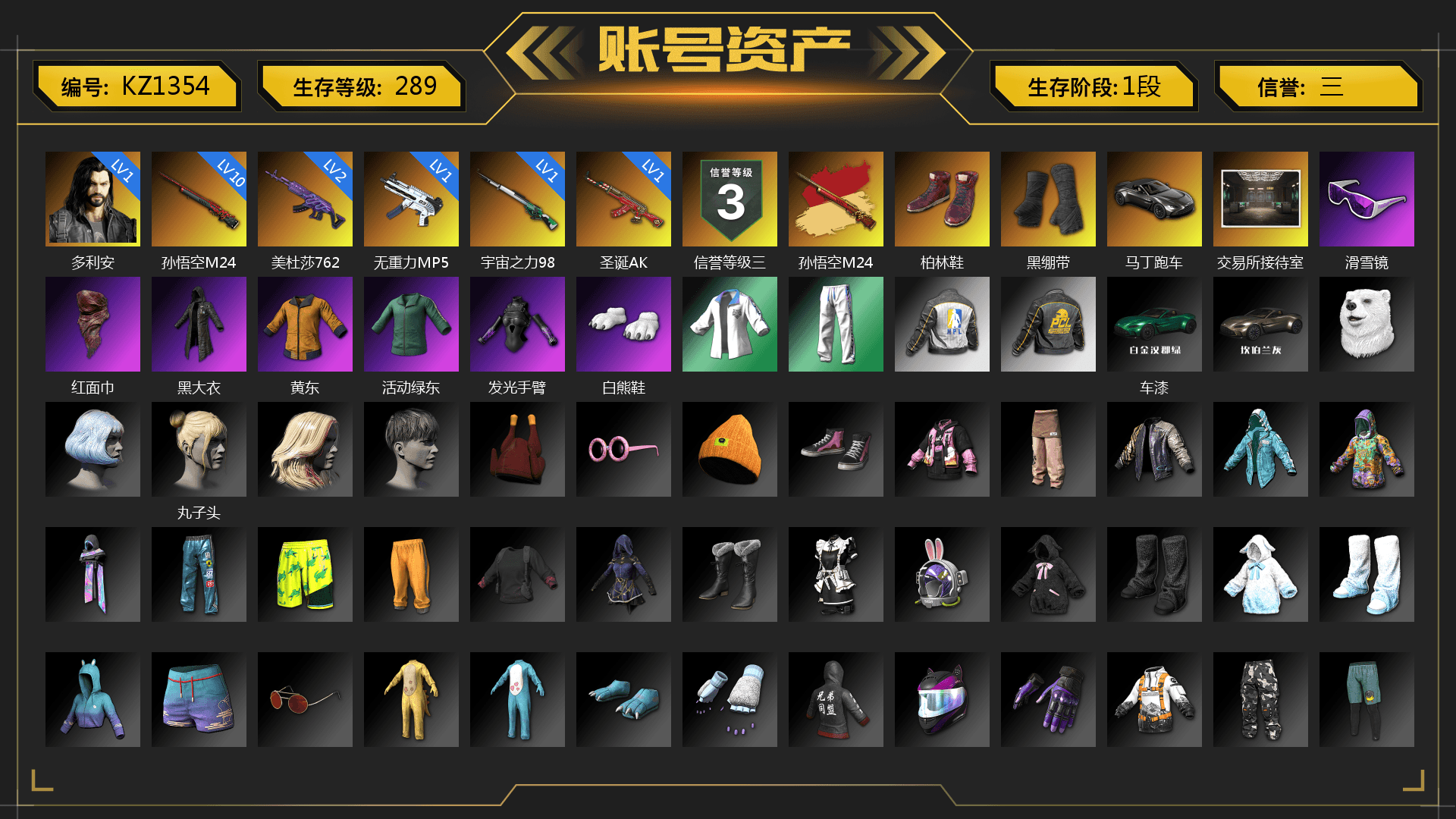 Hi-top Trainers (Red), Duncan's Infiltrator Handwraps, «V12 Vantage Roadster» Sports Car, Snow Glasses, PLAYERUNKNOWN's Bandana, Heavy Fur Coat (Black), Polar Bear Feet, XingHun's Tiger Strike Jacket, XingHun's Tiger Strike Pants, NPL 2019 Phase 2 Jacket, XiongDi Hoodie, Sha Wujing's Shorts, StreamerOne, Full Autumn — M416, GLL Grand Slam Sweatshirt, DOUYU T-shirt, «DBX707» SUV - 1