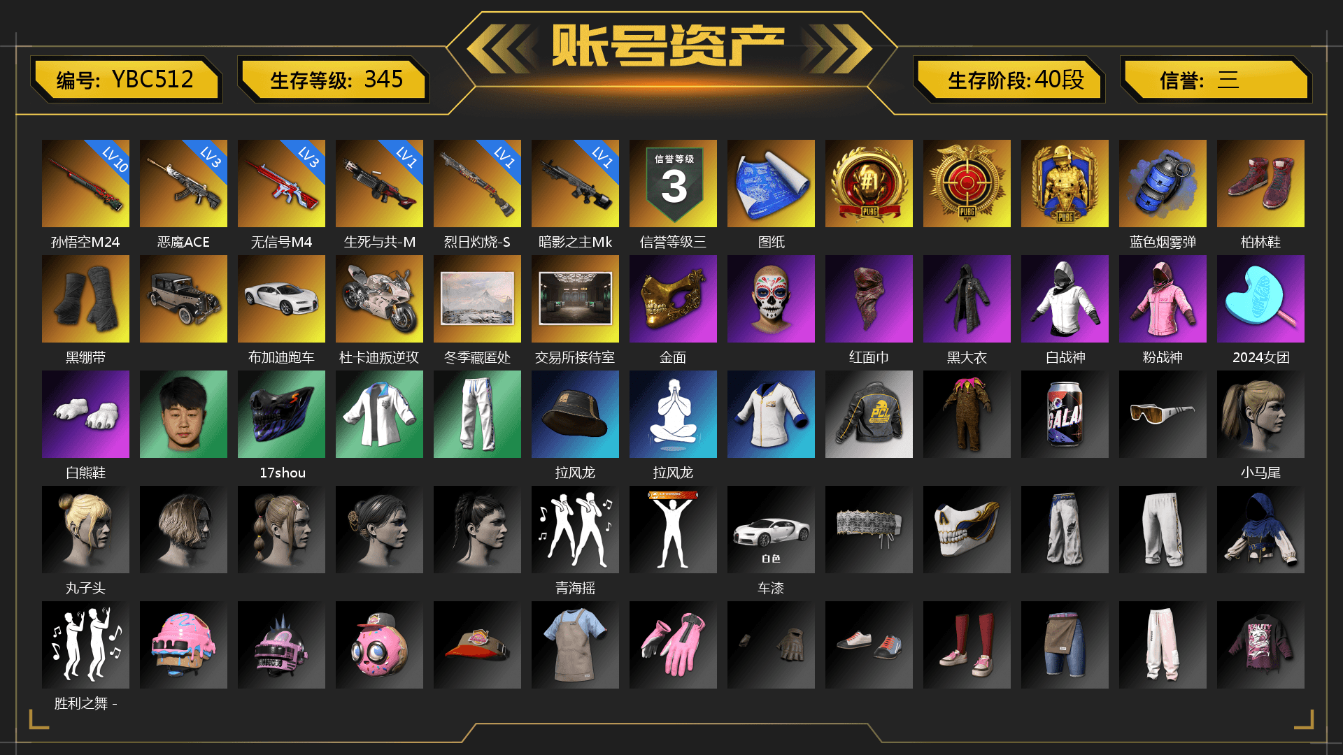 Blue Smoke Grenade, Hi-top Trainers (Red), Duncan's Infiltrator Handwraps, «Chiron» Sports Car, «Panigale V4 S (Renegade Rose)» Motorcycle, PGC 2021 Contingent Chaos Mask, PLAYERUNKNOWN's Bandana, Heavy Fur Coat (Black), Rash Beixli Xtra Tough Jacket, Pubg X Newjeans, Polar Bear Feet, Harley Quinn's Hair, Rash Beixli Xtra Tough Jacket, XingHun's Tiger Strike Jacket, XingHun's Tiger Strike Pants, StreamerOne, Training Jacket (Green), Full Autumn — M416, Blue Thunder Gloves, HUYA T-shirt - 1