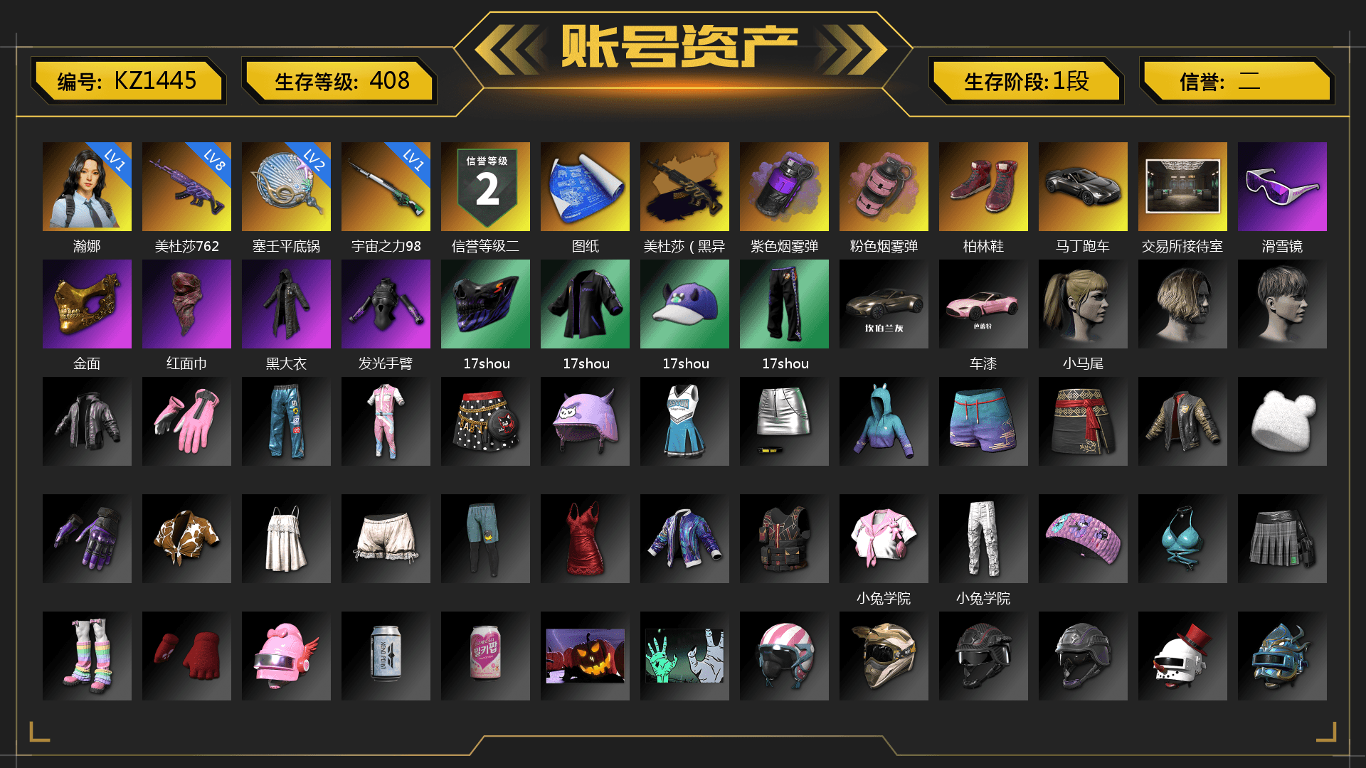 Medusa — Beryl M762 (Gold Charcoal), Purple Smoke Grenade, Pink Smoke Grenade, Hi-top Trainers (Red), «V12 Vantage Roadster» Sports Car, Snow Glasses, PGC 2021 Contingent Chaos Mask, PLAYERUNKNOWN's Bandana, Heavy Fur Coat (Black), Harley Quinn's Hair, Sha Wujing's Shorts - 1