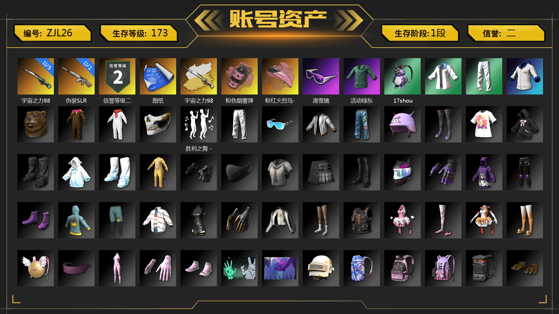 Cosmic Caliber - Kar98k (White Yellow), Pink Smoke Grenade, Snow Glasses, XingHun's Tiger Strike Jacket, XingHun's Tiger Strike Pants, Exquisite Pants, Sha Wujing's Shorts, Sideshow Bear Feet - 1