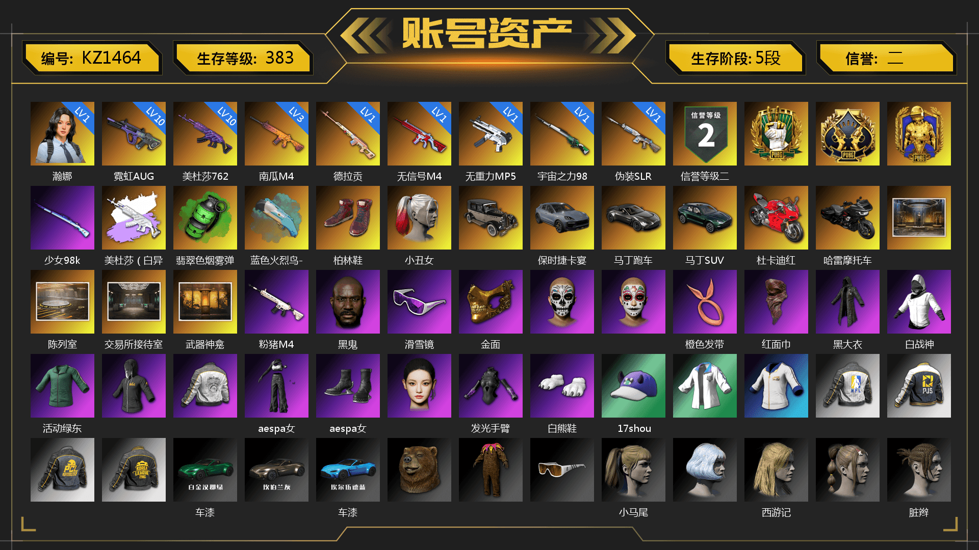 Rest in Pink — Dragunov [1], Medusa — Beryl M762 (Gray Purple), Emerald Smoke Grenade, Hi-top Trainers (Red), Harley Quinn's Hair, «Cayenne Turbo GT» SUV, «V12 Vantage Roadster» Sports Car, «DBX707» SUV, «Panigale V4 S (Ducati Red)» Motorcycle, NeoticaCH's M416, Lumi's Kar98k, Jonathan Kamau, Snow Glasses, PGC 2021 Contingent Chaos Mask, PLAYERUNKNOWN's Bandana, Heavy Fur Coat (Black), Aespa, Polar Bear Feet, Harley Quinn's Hair, Rash Beixli Xtra Tough Jacket, Mazarin1k's Hoodie, PML 2019 Phase 2 Jacket, XingHun's Tiger Strike Jacket, NPL 2019 Phase 2 Jacket, PJS 2019 Phase 2 Jacket, PKL 2019 Phase 2 Jacket, Exquisite Pants, XiongDi Hoodie, MET Asia Series Distressed Jeans, Sha Wujing's Shorts, StreamerOne, Full Autumn — M416, Bengal Blade - SCAR-L, Crimson Snowflake - QBZ, Festive Gloves (Red), Blue Thunder Gloves, 2018 PUBG ALL-STAR T-shirt (Korean), GLL Grand Slam Sweatshirt, DOUYU T-shirt - 1