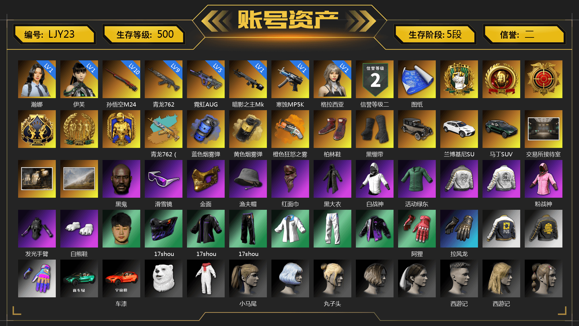 Blue Smoke Grenade, Yellow Smoke Grenade, Orange Fog of Fury — M79, Hi-top Trainers (Red), Duncan's Infiltrator Handwraps, «Urus S» SUV, «DBX707» SUV, Jonathan Kamau, Snow Glasses, PGC 2021 Contingent Chaos Mask, PLAYERUNKNOWN's Bandana, Heavy Fur Coat (Black), Rash Beixli Xtra Tough Jacket, Polar Bear Feet, Harley Quinn's Hair, Rash Beixli Xtra Tough Jacket, PML 2019 Phase 2 Jacket, PEL 2019 Phase 2 Jacket, XingHun's Tiger Strike Jacket, XingHun's Tiger Strike Pants, PJS 2019 Phase 2 Jacket, PKL 2019 Phase 2 Jacket, «DBX707» SUV, XiongDi Hoodie, StreamerOne, Sideshow Bear Feet - 1