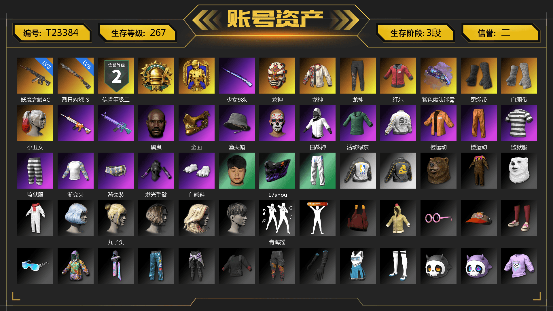 PAI 2019 Jacket, Purple Magical Mist — M79, Duncan's Infiltrator Handwraps, PGI Title Wraps, Harley Quinn's Hair, Lumi's Kar98k, Jonathan Kamau, PGC 2021 Contingent Chaos Mask, Escapee Jacket, Jailbird T-Shirt, Rash Vest, Polar Bear Feet, CigaretteSTV's M416, MadDog — M16A4, PEL 2019 Phase 2 Jacket, XingHun's Tiger Strike Pants, NPL 2019 Phase 2 Jacket, Sha Wujing's Shorts, StreamerOne, Training Jacket (Green), Crimson Snowflake - QBZ, Blue Thunder Gloves, Rose-tinted Glasses, PAI 2019 Mask, PGI T-Shirt, Heavy Fur Coat (Black), Sideshow Bear Feet - 1
