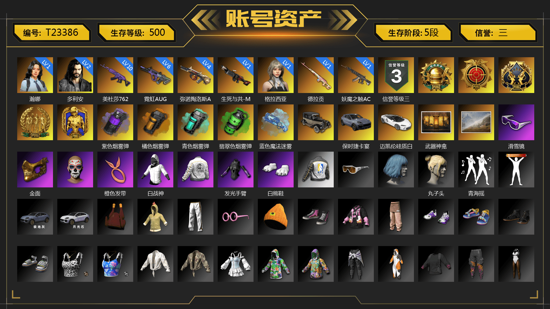 Rest in Pink — Dragunov [1], Purple Smoke Grenade, Orange Smoke Grenade, Teal Smoke Grenade, Emerald Smoke Grenade, Blue Magical Mist — M79, «Cayenne Turbo GT» SUV, Snow Glasses, PGC 2021 Contingent Chaos Mask, Polar Bear Feet, PEL 2019 Phase 2 Jacket, NPL 2019 Phase 2 Jacket, Exquisite Pants, Sha Wujing's Shorts, StreamerOne, Blue Thunder Gloves, Diva Glasses (White), Esports Chicken Dinner Shirt - 1