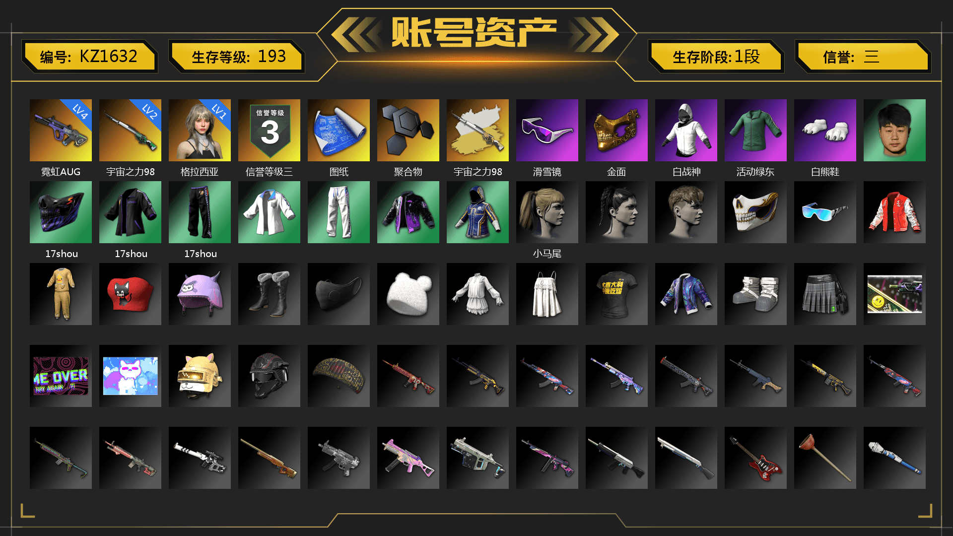 Cosmic Caliber - Kar98k (White Yellow), Snow Glasses, PGC 2021 Contingent Chaos Mask, Polar Bear Feet, Harley Quinn's Hair, XingHun's Tiger Strike Jacket, XingHun's Tiger Strike Pants, StreamerOne, HUYA T-shirt, Heavy Fur Coat (Black) - 1