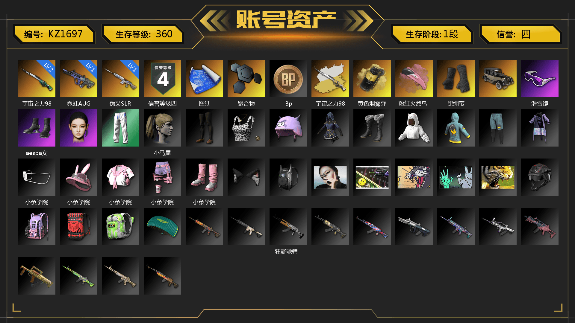 Cosmic Caliber - Kar98k (White Yellow), Yellow Smoke Grenade, Duncan's Infiltrator Handwraps, Snow Glasses, Aespa, Harley Quinn's Hair, XingHun's Tiger Strike Jacket, XingHun's Tiger Strike Pants, Sha Wujing's Shorts, Heavy Fur Coat (Black) - 1