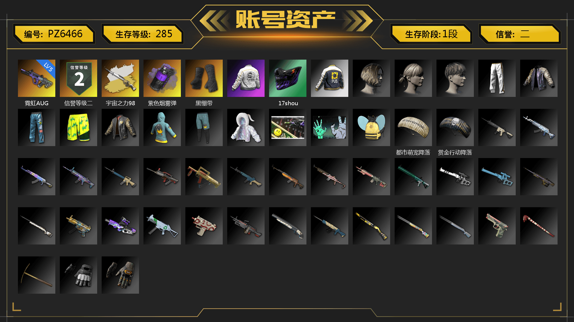 Cosmic Caliber - Kar98k (White Yellow), Purple Smoke Grenade, Duncan's Infiltrator Handwraps, PEL 2019 Phase 2 Jacket, PJS 2019 Phase 2 Jacket, Exquisite Pants, Sha Wujing's Shorts, Heavy Fur Coat (Black) - 1