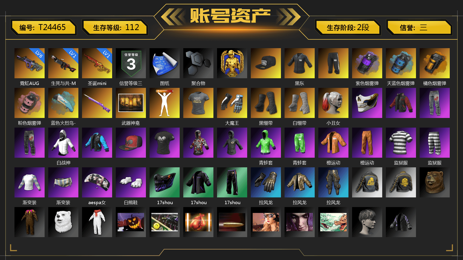 Purple Smoke Grenade, Azure Smoke Grenade, Orange Smoke Grenade, Pink Smoke Grenade, Blue Flamingo Fling - M79, Shroud's Gloves, Duncan's Infiltrator Handwraps, PGI Title Wraps, Harley Quinn's Hair, SkipNhO's SLR, Escapee Jacket, Jailbird T-Shirt, Rash Vest, Aespa, Polar Bear Feet, Rash Beixli Xtra Tough Jacket, SEA Champ Training Snapback, SEA Champ Training Pants, JennaJulien's M24, SEA Champ Training T-shirt, Shroud's Varsity Jacket, The Mau5 Hat, PGI Ringside Hoodie, PKL 2019 Phase 2 Jacket, StreamerOne, shroud's M16A4, shroud's Cloth Mask, Heavy Fur Coat (Black), Sideshow Bear Feet - 1