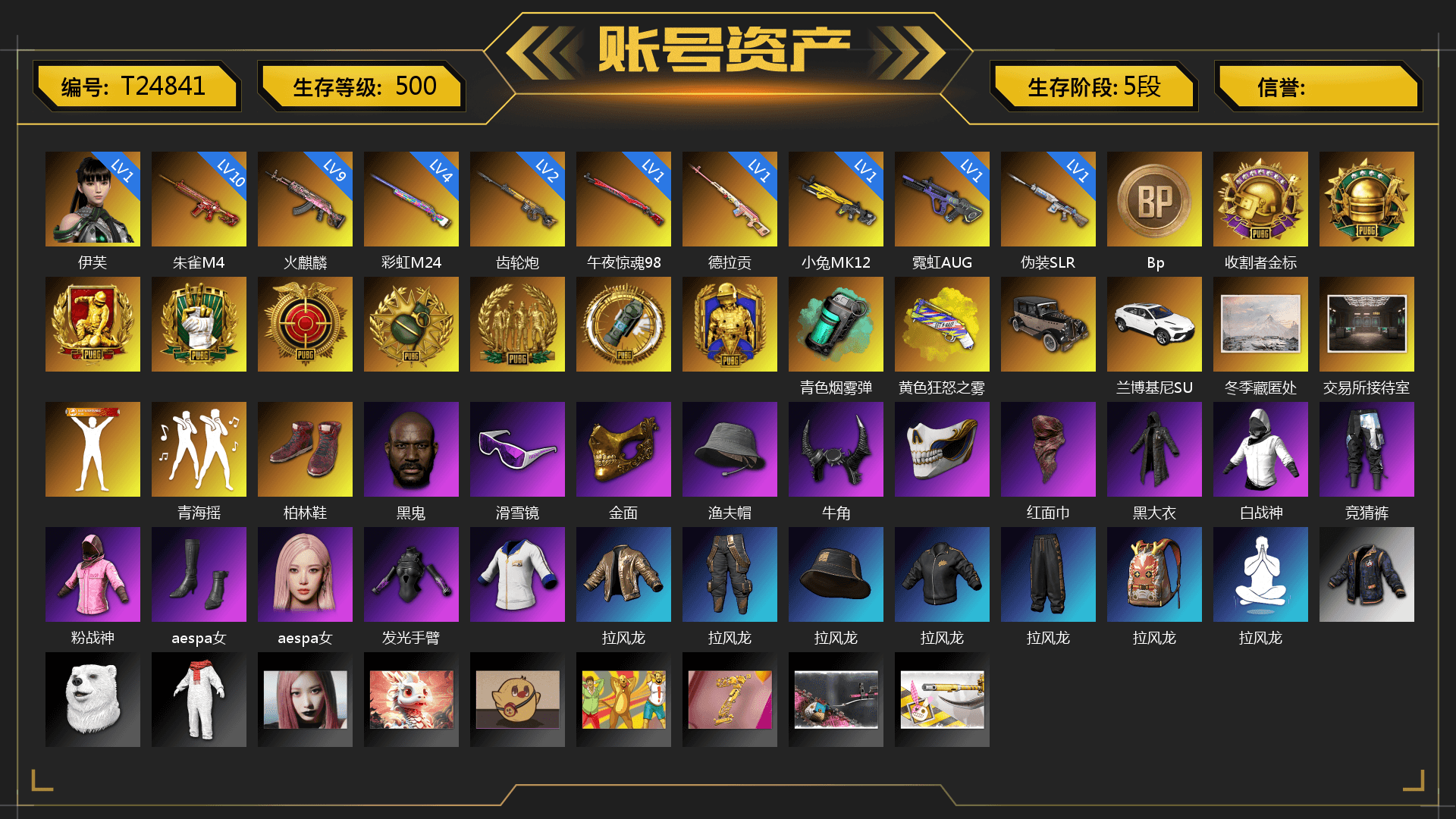 Rest in Pink — Dragunov [1], Reaper, Teal Smoke Grenade, Emerald Smoke Grenade, Yellow Fog of Fury — M79, «Urus S» SUV, Hi-top Trainers (Red), Jonathan Kamau, Snow Glasses, PGC 2021 Contingent Chaos Mask, Demon Biker Horns, PLAYERUNKNOWN's Bandana, Heavy Fur Coat (Black), Rash Beixli Xtra Tough Jacket, Aespa, Polar Bear Feet, Rash Beixli Xtra Tough Jacket, XiongDi Hoodie, StreamerOne, Crash Test Handwraps, Heavy Fur Coat (Black) - 1