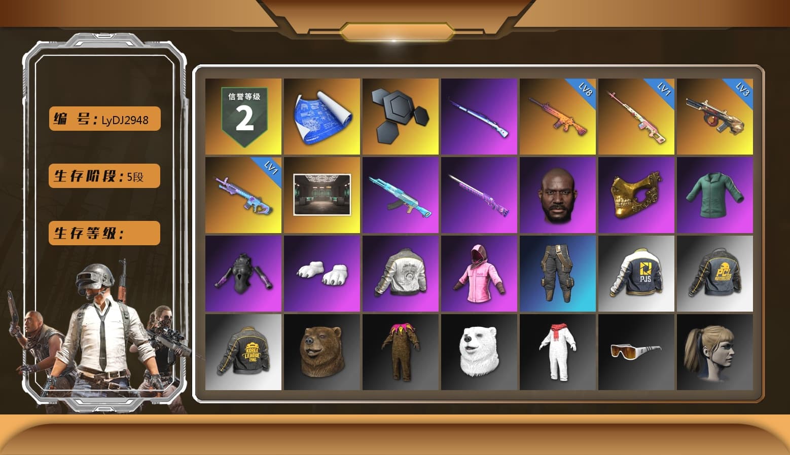 Rest in Pink — Dragunov [1], Ashek's AKM, Lumi's Kar98k, Jonathan Kamau, PGC 2021 Contingent Chaos Mask, Polar Bear Feet, Rash Beixli Xtra Tough Jacket, Harley Quinn's Hair, Rash Beixli Xtra Tough Jacket, JennaJulien's M24, PML 2019 Phase 2 Jacket, PJS 2019 Phase 2 Jacket, PKL 2019 Phase 2 Jacket, Sideshow Bear Feet, XiongDi Hoodie, StreamerOne, Full Autumn — M416, Gold Plate — M416, PGI.S Colorshift — Beryl M762, PGC 2019 - AKM, PGC 2019 — SCAR-L, PGC 2019 — Mini14, PGC 2019 — Kar98k, PGC 2019 — Pan, Crash Test Handwraps, GLL Grand Slam Sweatshirt - 1