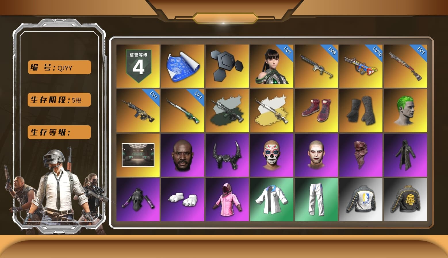 Time Keeper - M416 (Gray Green), Cosmic Caliber - Kar98k (White Yellow), Hi-top Trainers (Red), Duncan's Infiltrator Handwraps, The Joker's Hair, Jonathan Kamau, Demon Biker Horns, The Joker's Hair, PLAYERUNKNOWN's Bandana, Heavy Fur Coat (Black), Polar Bear Feet, Rash Beixli Xtra Tough Jacket, Harley Quinn's Hair, Rash Beixli Xtra Tough Jacket, XingHun's Tiger Strike Jacket, XingHun's Tiger Strike Pants, NPL 2019 Phase 2 Jacket, PKL 2019 Phase 2 Jacket, StreamerOne, Diva Glasses (White) - 1