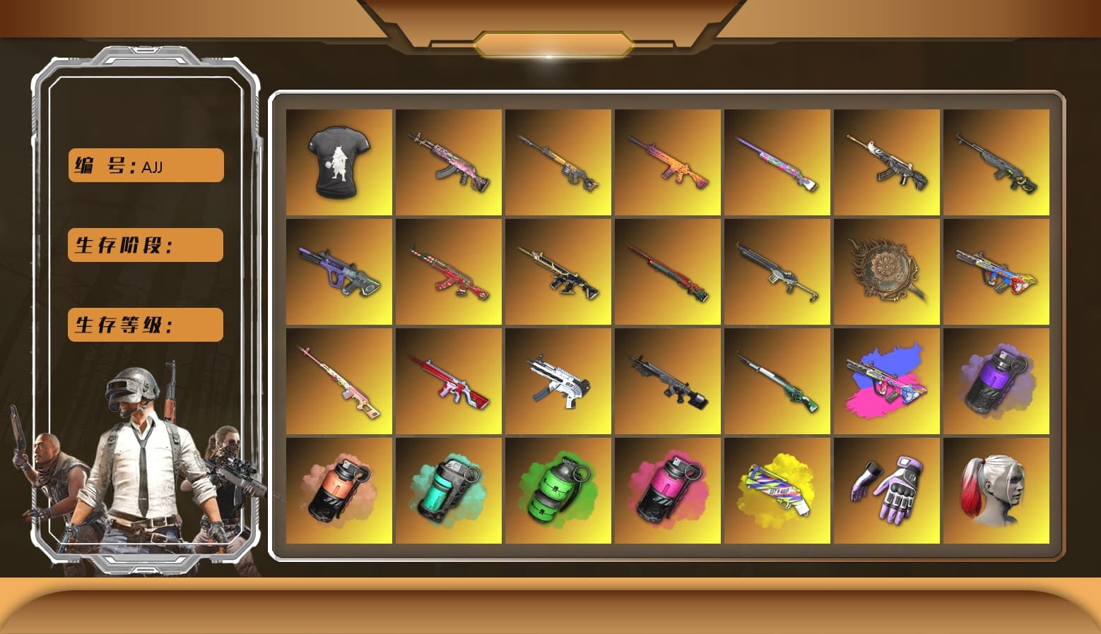 Bumper Blaster — AUG [MAX], Trick-or-treat — M416 [MAX], Buzzkill — SLR [MAX], Cosmic Caliber - Kar98k [9], Emerald Smoke Grenade, Gear Head — Beryl M762, Santa's Helper — AKM, Sha Wujing — Mini14, Tang Sanzang — Pan, Neon Dream — AUG, Demon Hunter — ACE32, Zhu Bajie — M416, No Signal — M416, Over the Rainbow — M24, Sun Wukong — M24, Black Tortoise — SKS, ZERO-G — MP5K, Reaper, «McLaren GT Standard (Silica White)» Sports Car, Heybox Gloves, DMM T-Shirt, Escapee Jacket, Snow Glasses, PGC 2021 Contingent Chaos Mask, The Joker's Hair, Harley Quinn's Hair, Jonathan Kamau, Kansas Headband, Demon Biker Horns, Rash Beixli Xtra Tough Jacket, Rash Beixli Xtra Tough Jacket, Blackpink, Pubg X Newjeans, Hairstyle PGI.S, Harley Quinn's Hair, Danucd's Gloves, «Countach LPI 800-4» Sports Car, «V12 Vantage Roadster (Luxe)» Sports Car, «Urus S» SUV, Purple Smoke Grenade, Teal Smoke Grenade, Coral Smoke Grenade, Yellow Fog of Fury — M79, Magenta Smoke Grenade, Obscura - Mk12 - 1