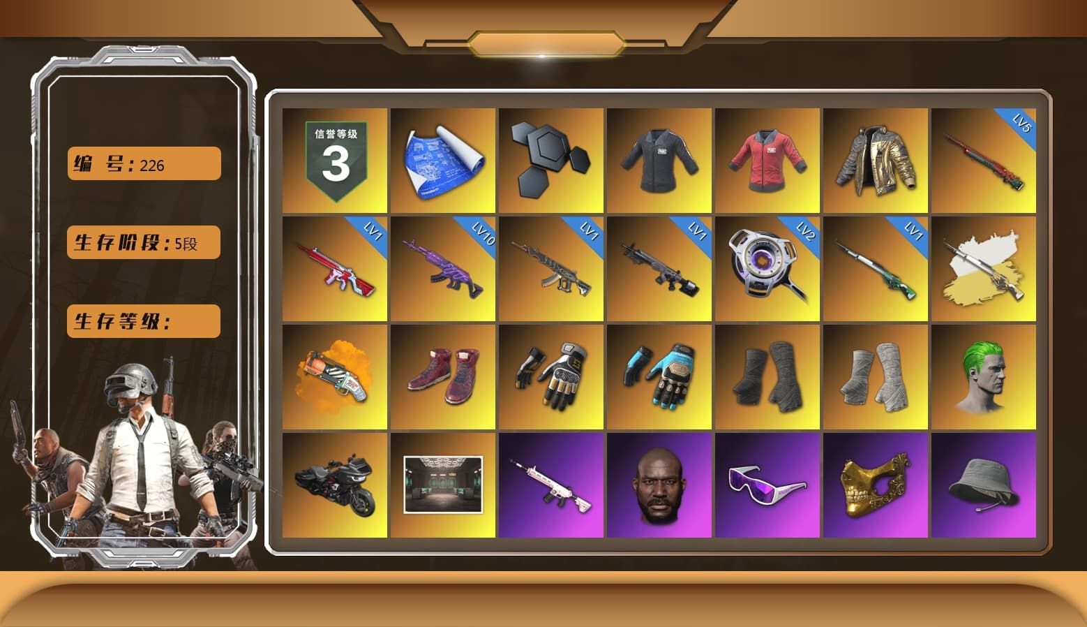 SEA Champ Training T-shirt, PAI 2019 Jacket, Douyu Biker Jacket, Cosmic Caliber - Kar98k (White Yellow), Orange Fog of Fury — M79, Hi-top Trainers (Red), Swagger's Gloves, Ashek's Gloves, Duncan's Infiltrator Handwraps, PGI Title Wraps, The Joker's Hair, NeoticaCH's M416, Jonathan Kamau, Snow Glasses, PGC 2021 Contingent Chaos Mask, PLAYERUNKNOWN's Bandana, Heavy Fur Coat (Black), Polar Bear Feet, Rash Beixli Xtra Tough Jacket, Aespa, Harley Quinn's Hair, Rash Beixli Xtra Tough Jacket, Harley Quinn's Makeup, Sacriel's Hoodie, PEL 2019 Phase 2 Jacket, Sideshow Bear Feet, Exquisite Pants, Sha Wujing's Shorts, StreamerOne, Full Autumn — M416, Silver Plate — M416, Gold Plate — M416, XingHun's AKM, Bengal Blade - SCAR-L, Crimson Snowflake - QBZ, PUBG Nations Cup 2019 Pan, Festive Gloves (Red), Crash Test Handwraps, Diva Glasses (White), PAI 2019 Mask, PGI T-Shirt, 2018 PUBG ALL-STAR T-shirt (Korean), GLL Grand Slam Sweatshirt, DOUYU T-shirt, Esports IGL Shirt, Esports Chicken Dinner Shirt, PKL Shorts - 1