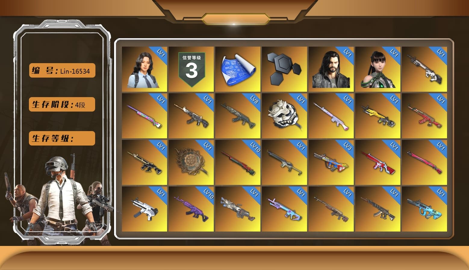 G-DRAGON — AUG (Red), Final Serenade — M24 (Blue Black), Magenta Smoke Grenade, Blue Magical Mist — M79, Duncan's Infiltrator Handwraps, «Cayenne Turbo GT» SUV, «Chiron» Sports Car, «Urus S» SUV, «Panigale V4 S (Renegade Rose)» Motorcycle, «Panigale V4 S (Twilight Torque)» Motorcycle, Jonathan Kamau, Snow Glasses, PGC 2021 Contingent Chaos Mask, Polar Bear Feet, Rash Beixli Xtra Tough Jacket, Aespa, Nier, Harley Quinn's Hair, Rash Beixli Xtra Tough Jacket, PML 2019 Phase 2 Jacket, PEL 2019 Phase 2 Jacket, XingHun's Tiger Strike Jacket, XingHun's Tiger Strike Pants, Exquisite Pants, MET Asia Series Distressed Jeans, Sha Wujing's Shorts, StreamerOne, GPT 2025 Four Angry Men Jacket, Training Jacket (Green), Full Autumn — M416, Blue Thunder Gloves, GLL Grand Slam Sweatshirt, HUYA T-shirt, DOUYU T-shirt - 1