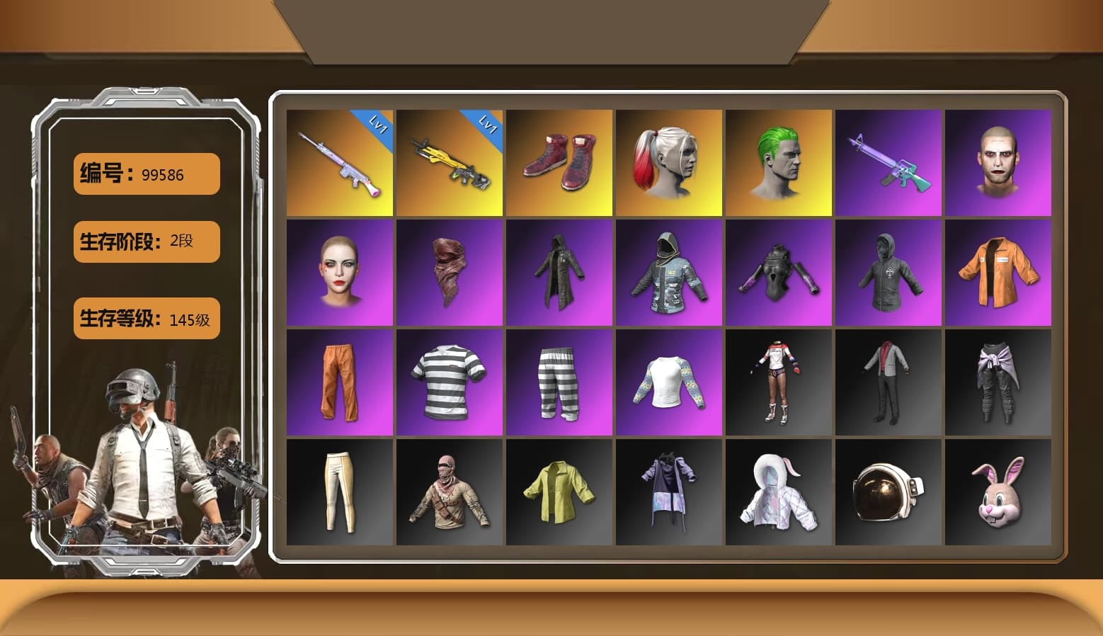Hi-top Trainers (Red), Harley Quinn's Hair, The Joker's Hair, The Joker's Hair, PLAYERUNKNOWN's Bandana, Heavy Fur Coat (Black), Escapee Jacket, Jailbird T-Shirt, Rash Vest, MadDog — M16A4, Harley Quinn's Makeup, PGI 2018 «Four Angry Men» Hoodie, Rose-tinted Glasses, Heavy Fur Coat (Black) - 1