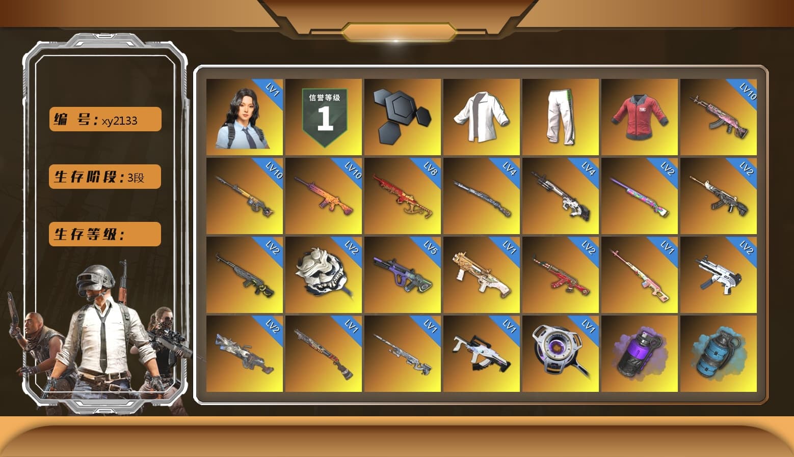 Rest in Pink — Dragunov [1], Green Stripe Tracksuit Pants, PAI 2019 Jacket, Purple Smoke Grenade, Azure Smoke Grenade, Orange Smoke Grenade, Coral Smoke Grenade, Teal Smoke Grenade, Magenta Smoke Grenade, Orange Fog of Fury — M79, Ivory Fog of Fury — M79, Yellow Fog of Fury — M79, Blue Fog of Fury — M79, Crimson Fog of Fury — M79, Blue Magical Mist — M79, Hi-top Trainers (Red), Duncan's Infiltrator Handwraps, PGI Title Wraps, The Joker's Hair, «Panamera Turbo S» Sedan, «Chiron» Sports Car, «V12 Vantage Roadster» Sports Car, «V12 Vantage Roadster (Luxe)» Sports Car, «DBX707» SUV, Jonathan Kamau, Snow Glasses, PGC 2021 Contingent Chaos Mask, Demon Biker Horns, PLAYERUNKNOWN's Bandana, Heavy Fur Coat (Black), Polar Bear Feet, PUBG I Jacket, Escapee Jacket, Jailbird T-Shirt, Rash Vest, Harley Quinn's Hair, Hairstyle PGI.S, Desolate Warehouse, Short Sleeve Anchor Print Shirt, MadDog — M16A4, The Mau5 Hat, Ryan the Lion Hoodie, PGI Ringside Hoodie, PML 2019 Phase 2 Jacket, NPL 2019 Phase 2 Jacket, PJS 2019 Phase 2 Jacket, PKL 2019 Phase 2 Jacket, Exquisite Pants, XiongDi Hoodie, MET Asia Series Distressed Jeans, StreamerOne, Training Jacket (Green), Full Autumn — M416, Silver Plate — M416, Gold Plate — M416, PGI.S Colorshift — Beryl M762, PGC 2019 - AKM, Serpent's Kiss - AKM, PGC 2019 — SCAR-L, Bengal Blade - SCAR-L, Crimson Snowflake - QBZ, Elegant - G36C, PGC 2019 — Mini14, Silver Plate — Mini14, PGC 2019 — Kar98k, Refined Aeolus — Vector, Douyu Biker Jacket, PGC 2019 — Pan, PUBG Nations Cup 2019 Pan, Festive Gloves (Red), Blue Thunder Gloves, Crash Test Handwraps, Diva Glasses (White), Rose-tinted Glasses, PAI 2019 Mask, Esports Cat Face Mask, PGI T-Shirt, 2018 PUBG ALL-STAR T-shirt (Korean), GLL Grand Slam Sweatshirt, DOUYU T-shirt, Esports IGL Shirt, Esports Chicken Dinner Shirt, PKL Shorts, P4wnyhof's Hotpants, «DBX707» SUV, PKL Parachute, Bengal Tiger - 1
