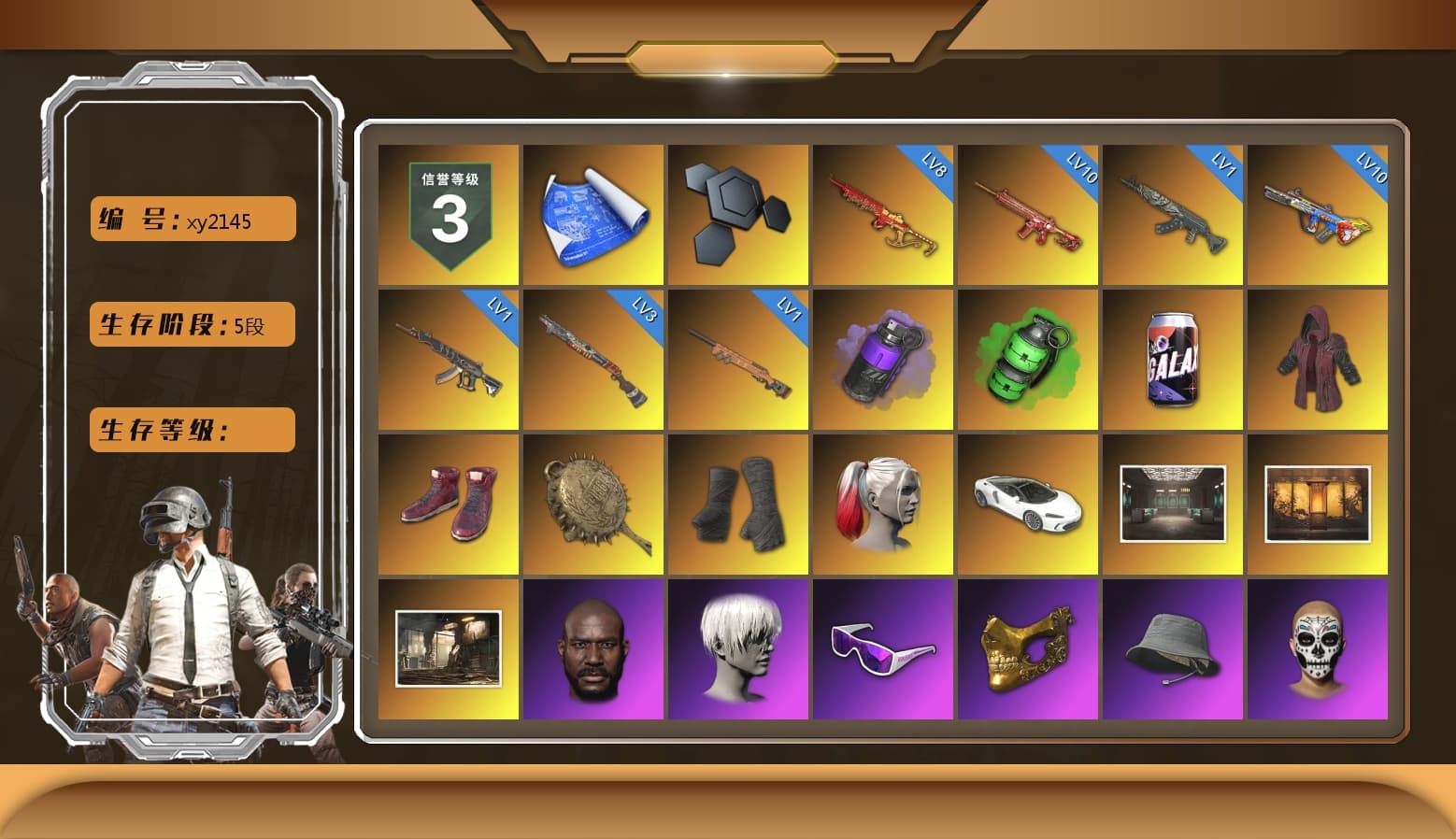 Purple Smoke Grenade, Emerald Smoke Grenade, Doomsday Hoodie, Hi-top Trainers (Red), Pan of Judgement, Duncan's Infiltrator Handwraps, Harley Quinn's Hair, Weapons Shrine, Jonathan Kamau, 9S's Hairstyle, Snow Glasses, PGC 2021 Contingent Chaos Mask, PLAYERUNKNOWN's Bandana, Heavy Fur Coat (Black), Polar Bear Feet, PUBG I Jacket, Rash Beixli Xtra Tough Jacket, Harley Quinn's Hair, Hairstyle PGI.S, Rash Beixli Xtra Tough Jacket, Desolate Warehouse, Harley Quinn's Makeup, hambinooo's Hoodie, BreaK's Hoodie, XingHun's Tiger Strike Jacket, XingHun's Tiger Strike Pants, PJS 2019 Phase 2 Jacket, PKL 2019 Phase 2 Jacket, Sideshow Bear Feet, XiongDi Hoodie, NH-Esports Jacket, XingHun's Hoodie, Xinghun's Tracksuit Pants, StreamerOne, GPT 2025 Four Angry Men Jacket, Full Autumn — M416, Gold Plate — M416, NH-ESPORTS - Beryl M762, XingHun's AKM, MOZZ's M24, Douyu Biker Jacket, Forever's S1897, Bloody Nurse Cap, Bloody Nurse Mask, Ancient Mummy Mask, Ancient Mummy Top, DOUYU T-shirt, Esports IGL Shirt, Ancient Mummy Leggings, Ancient Mummy Footwraps - 1