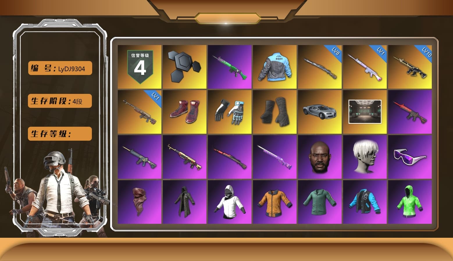 Hi-top Trainers (Red), Shroud's Gloves, Duncan's Infiltrator Handwraps, SkipNhO's SLR, Jonathan Kamau, 9S's Hairstyle, Snow Glasses, PLAYERUNKNOWN's Bandana, Heavy Fur Coat (Black), SkipNhO's SLR, Escapee Jacket, Jailbird T-Shirt, Rash Vest, Rash Beixli Xtra Tough Jacket, Pubg X Newjeans, Nier, Harley Quinn's Hair, Rash Beixli Xtra Tough Jacket, Speed & Momentum — M416, Pirate KIM's M416, Pirate KIM's SKS, Speed & Momentum — Kar98k, JennaJulien's M24, Shroud's Varsity Jacket, PML 2019 Phase 2 Jacket, XingHun's Tiger Strike Jacket, shroud's M16A4, Sideshow Bear Feet, Exquisite Pants, XiongDi Hoodie, Sha Wujing's Shorts, StreamerOne, GPT 2025 Four Angry Men Jacket, Full Autumn — M416, Wakgood's M416, Silver Plate — Mini14, Wakgood's AWM, SPYGEA's M24, Refined Aeolus — Vector, Blue Thunder Gloves, Rose-tinted Glasses, Bloody Nurse Cap, Killer Clown Mask, Bloody Nurse Mask, shroud's Cloth Mask, Zerator's Pleated Skirt - 1