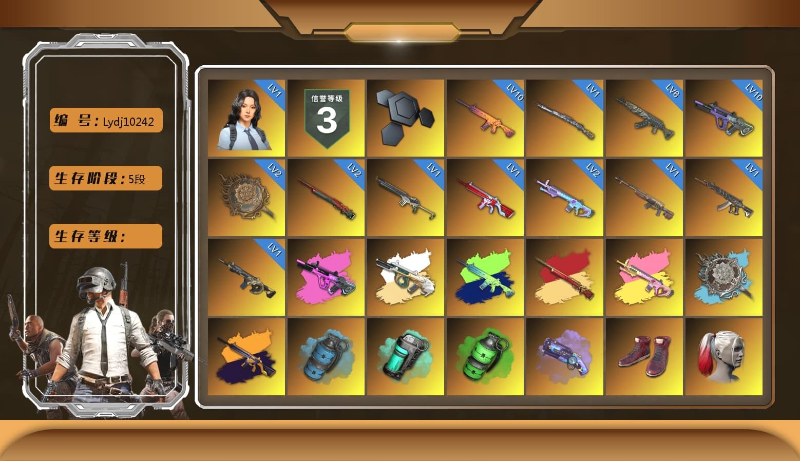 Minotaur — AUG, Azure Smoke Grenade, Teal Smoke Grenade, Emerald Smoke Grenade, Purple Magical Mist — M79, Hi-top Trainers (Red), Harley Quinn's Hair, The Joker's Hair, Jonathan Kamau, 9S's Hairstyle, Snow Glasses, PGC 2021 Contingent Chaos Mask, Demon Biker Horns, The Joker's Hair, PLAYERUNKNOWN's Bandana, Heavy Fur Coat (Black), Polar Bear Feet, Rash Beixli Xtra Tough Jacket, Harley Quinn's Hair, Rash Beixli Xtra Tough Jacket, Harley Quinn's Makeup, PKL 2019 Phase 2 Jacket, StreamerOne, Full Autumn — M416, 17SHOU's Beryl M762, MOZZ's M24 - 1