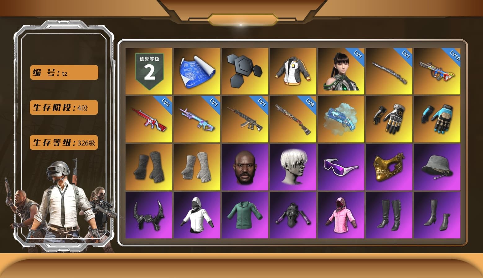 Just9n's Shirt, Blue Magical Mist — M79, Swagger's Gloves, Ashek's Gloves, Duncan's Infiltrator Handwraps, PGI Title Wraps, Jonathan Kamau, 9S's Hairstyle, Snow Glasses, PGC 2021 Contingent Chaos Mask, Demon Biker Horns, Rash Beixli Xtra Tough Jacket, aespa Stage, Harley Quinn's Hair, Rash Beixli Xtra Tough Jacket, XingHun's Tiger Strike Jacket, XingHun's Tiger Strike Pants, PKL 2019 Phase 2 Jacket, StreamerOne, GPT 2025 Four Angry Men Jacket, Training Jacket (Green), Full Autumn — M416, Wakgood's M416, aespa WINTER, aespa GISELLE, Crimson Snowflake - QBZ, Wakgood's AWM, Festive Gloves (Red), Blue Thunder Gloves, 2018 PUBG ALL-STAR T-shirt (Korean), Esports Chicken Dinner Shirt, chocoTaco's Kicks - 1