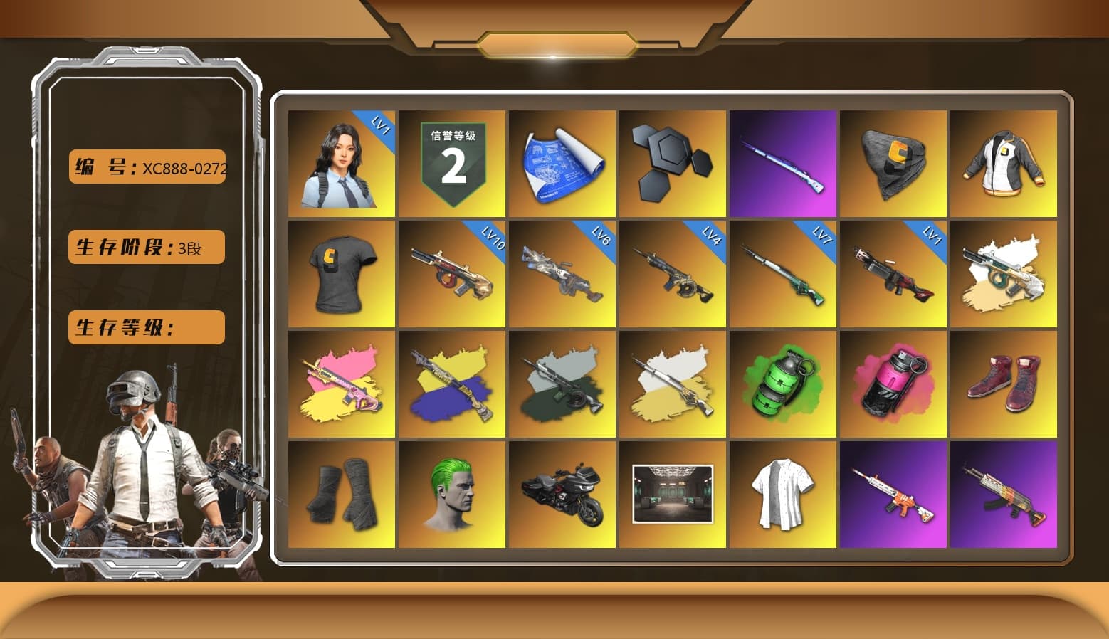 Just9n's Shirt, Time Keeper - M416 (Gray Green), Emerald Smoke Grenade, Magenta Smoke Grenade, Hi-top Trainers (Red), Duncan's Infiltrator Handwraps, The Joker's Hair, chocoTaco's Beryl M762, Lumi's Kar98k, PGC 2021 Contingent Chaos Mask, PLAYERUNKNOWN's Bandana, Heavy Fur Coat (Black), Polar Bear Feet, Rash Beixli Xtra Tough Jacket, Hairstyle PGI.S, Rash Beixli Xtra Tough Jacket, Short Sleeve Anchor Print Shirt, CigaretteSTV's M416, The Mau5 Hat, Sacriel's Hoodie, XingHun's Tiger Strike Jacket, XingHun's Tiger Strike Pants, PJS 2019 Phase 2 Jacket, PKL 2019 Phase 2 Jacket, chocoTaco's Parachute, XiongDi Hoodie, NH-Esports Jacket, XingHun's Hoodie, Xinghun's Tracksuit Pants, StreamerOne, Full Autumn — M416, Silver Plate — M416, Gold Plate — M416, Chengzi's M416, NH-ESPORTS - Beryl M762, Serpent's Kiss - AKM, XingHun's AKM, Crimson Snowflake - QBZ, Elegant - G36C, BreaK's SLR, Mazarin1k's SLR, Sacriel's Kar98k, MOZZ's M24, Festive Gloves (Red), Diva Glasses (White), Sacriel's Cloth Mask, 2018 PUBG ALL-STAR T-shirt (Korean), Heavy Fur Coat (Black), Esports IGL Shirt, Esports Chicken Dinner Shirt, chocoTaco's Kicks - 1