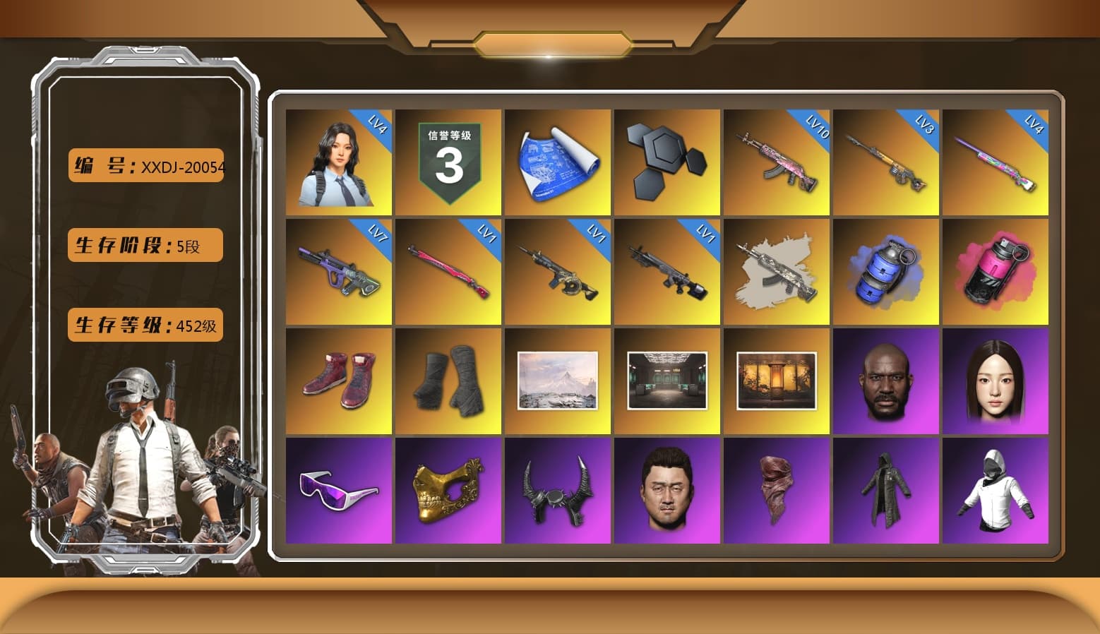 Blue Smoke Grenade, Magenta Smoke Grenade, Hi-top Trainers (Red), Duncan's Infiltrator Handwraps, Weapons Shrine, Jonathan Kamau, Snow Glasses, PGC 2021 Contingent Chaos Mask, Demon Biker Horns, PLAYERUNKNOWN's Bandana, Heavy Fur Coat (Black), Polar Bear Feet, Rash Beixli Xtra Tough Jacket, Harley Quinn's Hair, Rash Beixli Xtra Tough Jacket, XiongDi Hoodie, StreamerOne, GPT 2025 Four Angry Men Jacket, Full Autumn — M416, Blue Thunder Gloves, GLL Grand Slam Sweatshirt - 1