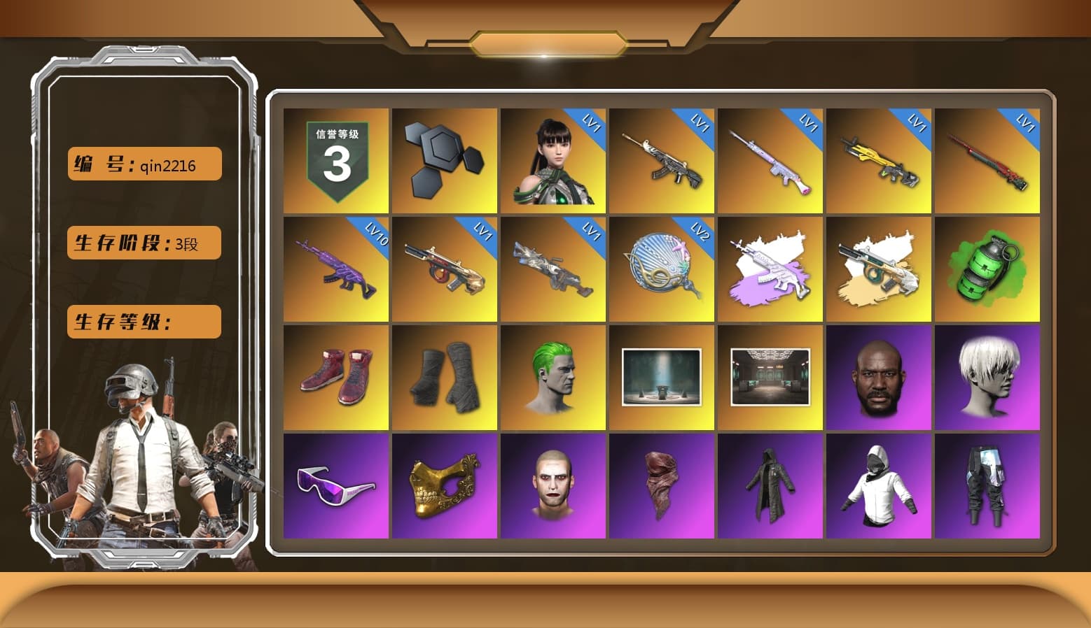 Emerald Smoke Grenade, Hi-top Trainers (Red), Duncan's Infiltrator Handwraps, The Joker's Hair, Chamber of Triumph, Jonathan Kamau, 9S's Hairstyle, Snow Glasses, PGC 2021 Contingent Chaos Mask, The Joker's Hair, PLAYERUNKNOWN's Bandana, Heavy Fur Coat (Black), Polar Bear Feet, Rash Beixli Xtra Tough Jacket, Harley Quinn's Hair, Rash Beixli Xtra Tough Jacket, Sideshow Bear Feet, Full Autumn — M416, Festive Gloves (Red), Blue Thunder Gloves - 1