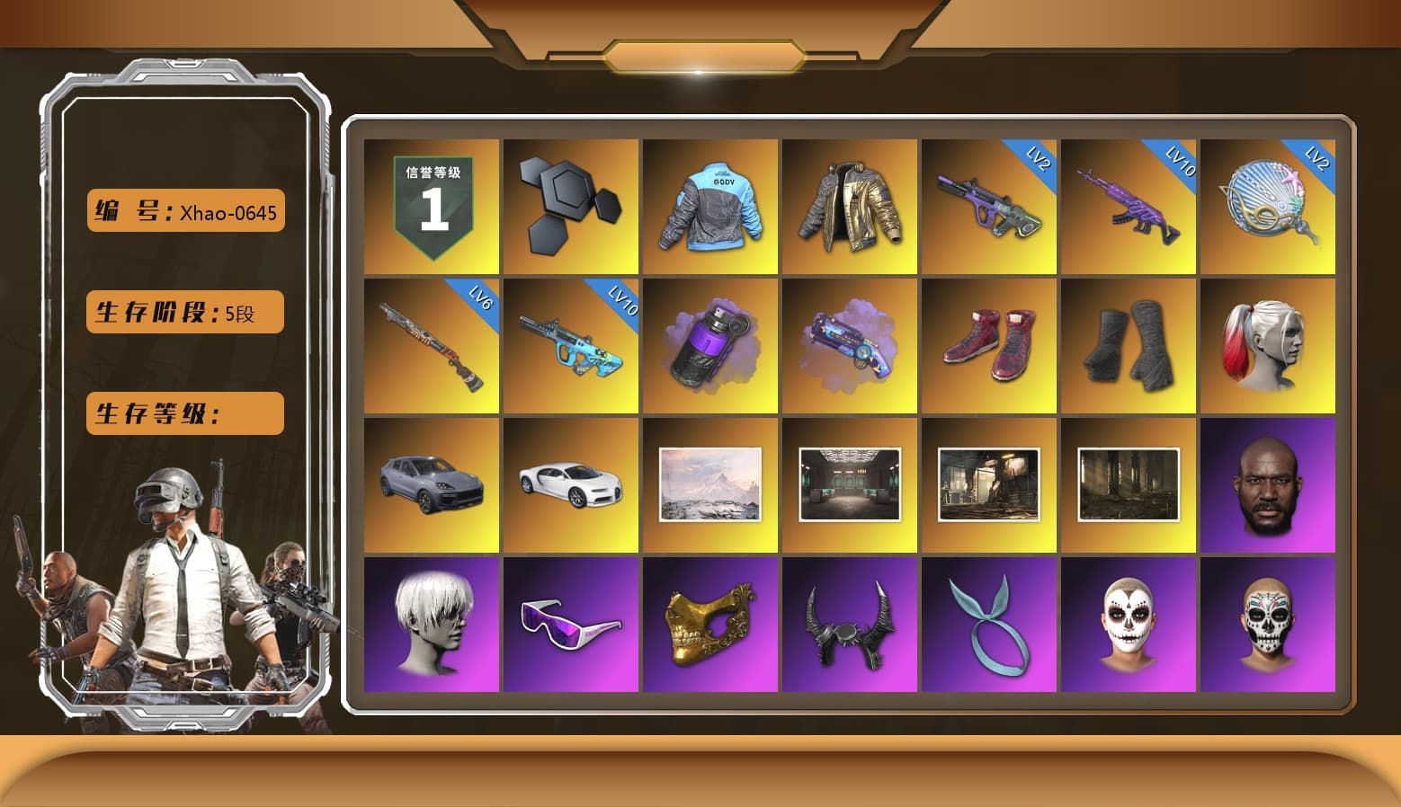 Douyu Biker Jacket, Purple Smoke Grenade, Purple Magical Mist — M79, Hi-top Trainers (Red), Duncan's Infiltrator Handwraps, Harley Quinn's Hair, «Cayenne Turbo GT» SUV, «Chiron» Sports Car, Jonathan Kamau, 9S's Hairstyle, Snow Glasses, PGC 2021 Contingent Chaos Mask, Demon Biker Horns, Kansas Headband, La Catrina Makeup, PLAYERUNKNOWN's Bandana, Heavy Fur Coat (Black), Polar Bear Feet, Rash Beixli Xtra Tough Jacket, aespa Stage, Harley Quinn's Hair, Rash Beixli Xtra Tough Jacket, Desolate Warehouse, Nostalgia, Harley Quinn's Makeup, XingHun's Tiger Strike Jacket, XingHun's Tiger Strike Pants, Sideshow Bear Feet, Exquisite Pants, XiongDi Hoodie, MET Asia Series Distressed Jeans, StreamerOne, GPT 2025 Four Angry Men Jacket, Training Jacket (Green), Full Autumn — M416, aespa KARINA, Blue Thunder Gloves, 2018 PUBG ALL-STAR T-shirt (Korean), HUYA T-shirt - 1