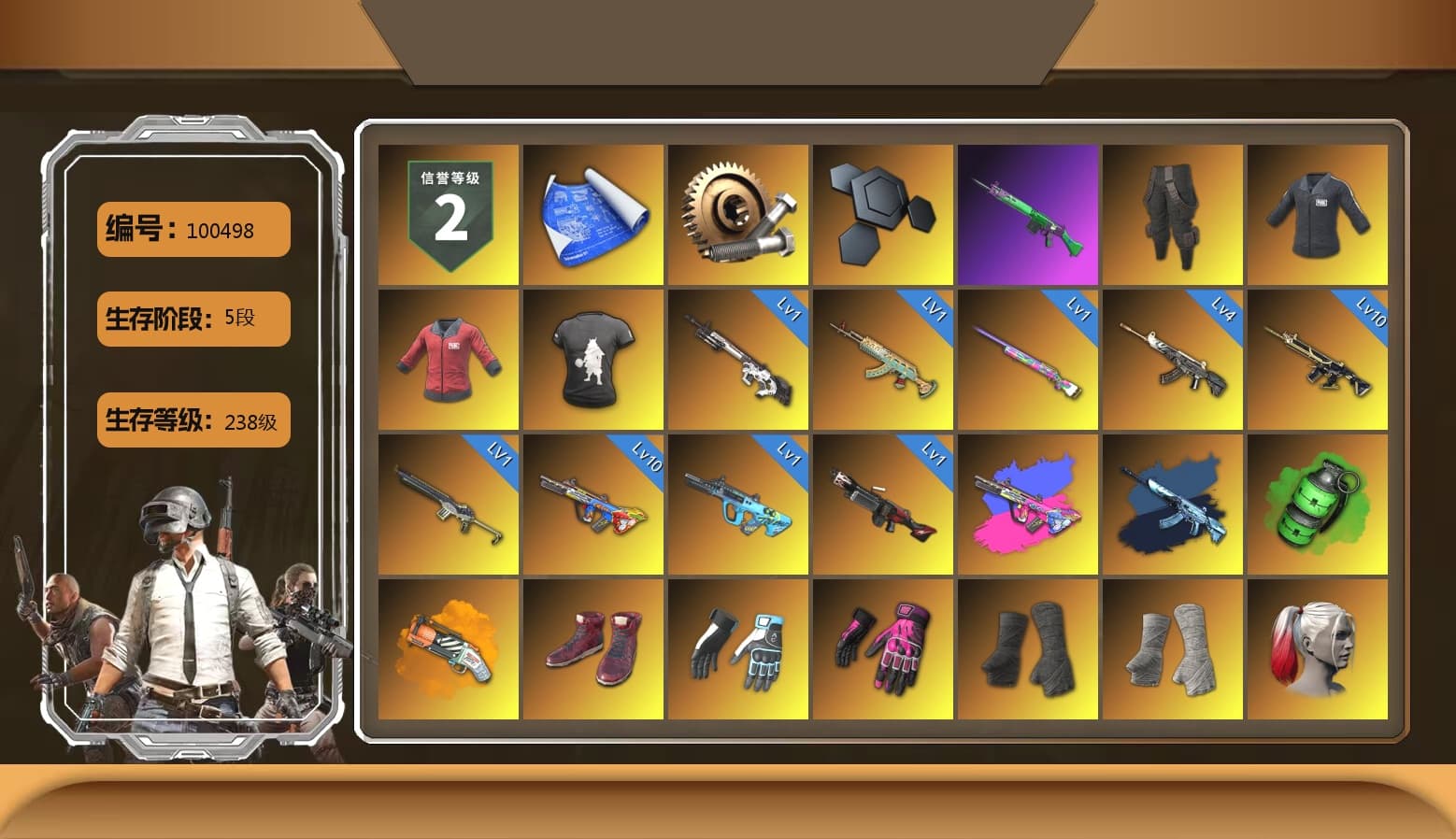 Survivalist Slacks, SEA Champ Training T-shirt, PAI 2019 Jacket, DMM T-Shirt, Shroud's Gloves, Hambinooo's Gloves, Emerald Smoke Grenade, Orange Fog of Fury — M79, Hi-top Trainers (Red), Duncan's Infiltrator Handwraps, PGI Title Wraps, Harley Quinn's Hair, The Joker's Hair, «Chiron» Sports Car, «Countach LPI 800-4» Sports Car, «Panigale V4 S (Gold Rush)» Motorcycle, PUBG x NewJeans Stage, Showroom, Weapons Shrine, SkipNhO's SLR, NeoticaCH's M416, Ashek's AKM, Jonathan Kamau, 9S's Hairstyle, Snow Glasses, PGC 2021 Contingent Chaos Mask, Demon Biker Horns, Kansas Headband, La Catrina Makeup, PLAYERUNKNOWN's Bandana, Heavy Fur Coat (Black), Polar Bear Feet, Escapee Jacket, Jailbird T-Shirt, Rash Vest, Rash Beixli Xtra Tough Jacket, Harley Quinn's Hair, Rash Beixli Xtra Tough Jacket, Desolate Warehouse, CigaretteSTV's M416, Ghosted — AKM, Pirate KIM's M416, Pirate KIM's SKS, JennaJulien's M24, Harley Quinn's Makeup, Shroud's Varsity Jacket, The Mau5 Hat, PGI Ringside Hoodie, PGI 2018 «Four Angry Men» Hoodie, PUBG X NEWJEANS DANIELLE SET, PKL 2019 Phase 2 Jacket, NH-Esports Jacket, StreamerOne, Full Autumn — M416, Wakgood's M416, Bengal Blade - SCAR-L, shroud's M16A4, Wakgood's AWM, SPYGEA's M24, Dahmien7's Champion Pan, Festive Gloves (Red), Diva Glasses (White), Rose-tinted Glasses, PAI 2019 Mask, Killer Clown Mask, Bloody Nurse Mask, shroud's Cloth Mask, PGI T-Shirt, HUYA T-shirt, DOUYU T-shirt, Esports IGL Shirt, Esports Chicken Dinner Shirt, PKL Shorts, Zerator's Pleated Skirt, Sideshow Bear Feet - 1