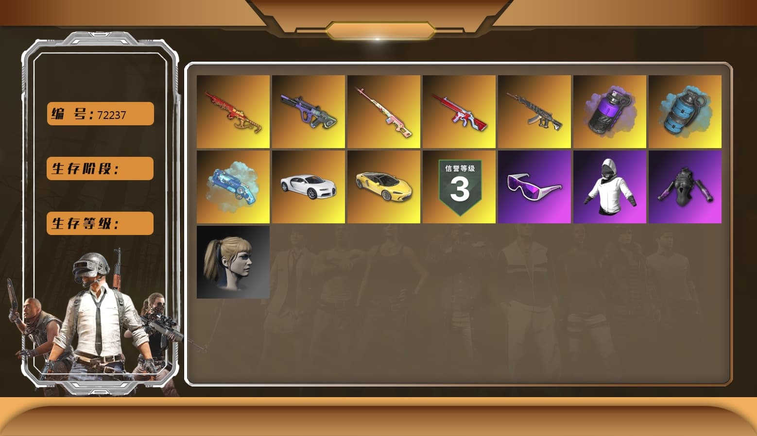 Neon Dream — AUG [MAX], Blue Magical Mist — M79, No Signal — M416, Yule Sleigh — Mini14, «Chiron» Sports Car, Snow Glasses, Harley Quinn's Hair, Azure Smoke Grenade, Purple Smoke Grenade, Demon's Touch — ACE32, «Chiron» Sports Car - 1