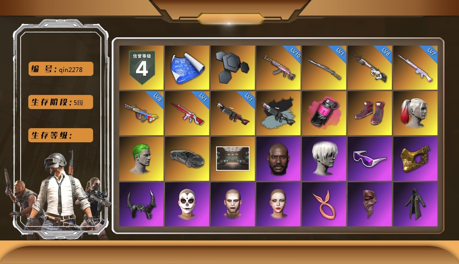 Ride or Die - M249 (Black Teal), Magenta Smoke Grenade, Hi-top Trainers (Red), Harley Quinn's Hair, The Joker's Hair, Jonathan Kamau, 9S's Hairstyle, Snow Glasses, PGC 2021 Contingent Chaos Mask, Demon Biker Horns, La Catrina Makeup, The Joker's Hair, PLAYERUNKNOWN's Bandana, Heavy Fur Coat (Black), Polar Bear Feet, Rash Beixli Xtra Tough Jacket, Nier, Harley Quinn's Hair, Hairstyle PGI.S, Rash Beixli Xtra Tough Jacket, Harley Quinn's Makeup, XingHun's Tiger Strike Jacket, XingHun's Tiger Strike Pants, NPL 2019 Phase 2 Jacket, PKL 2019 Phase 2 Jacket, Sha Wujing's Shorts, StreamerOne, Full Autumn — M416, Blue Thunder Gloves, Diva Glasses (White) - 1