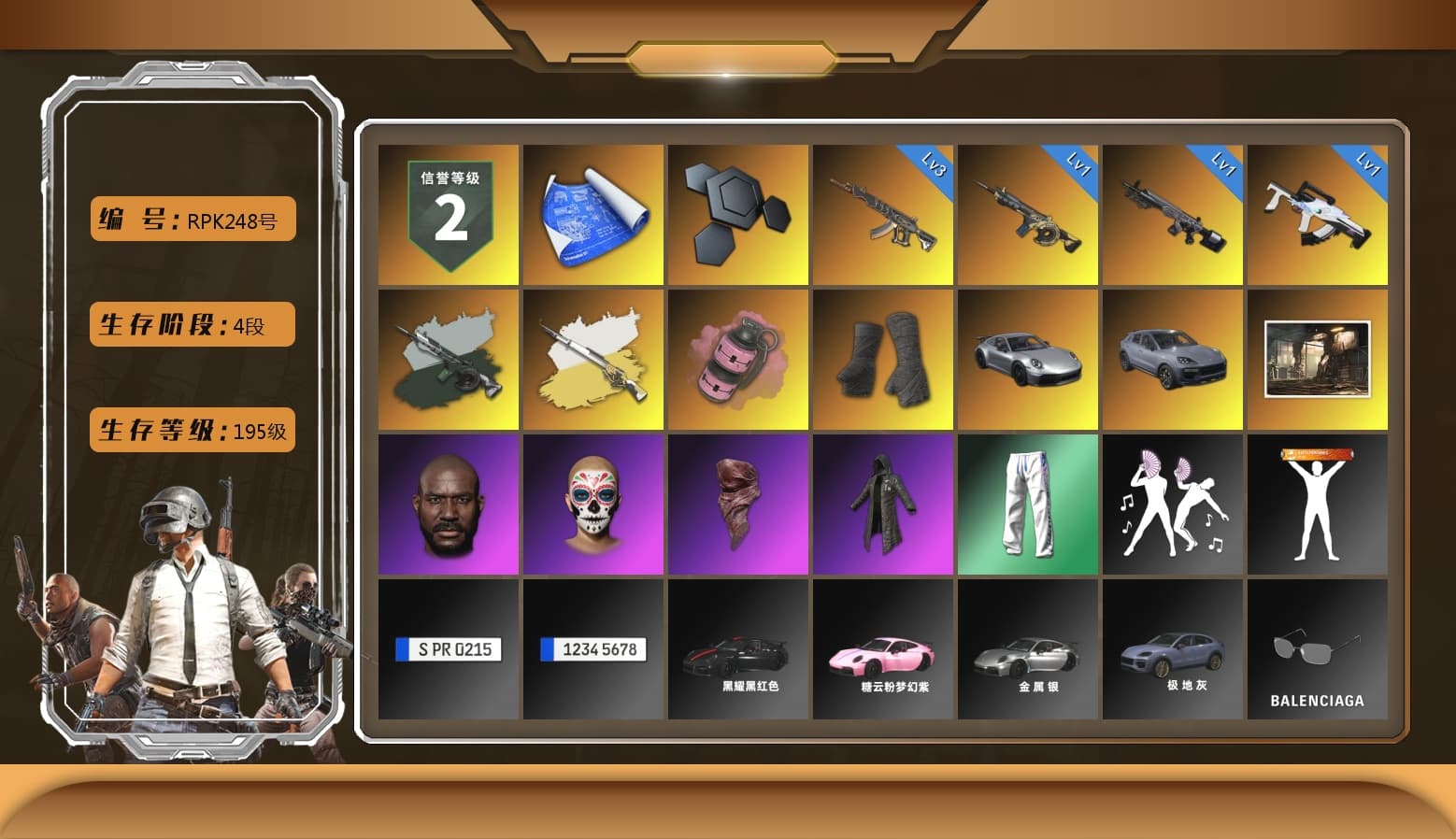 Time Keeper - M416 (Gray Green), Cosmic Caliber - Kar98k (White Yellow), Cosmic Caliber - Kar98k, Pink Smoke Grenade, Duncan's Infiltrator Handwraps, «911 Carrera GTS» Sports Car, «Cayenne Turbo GT» SUV, Jonathan Kamau, PLAYERUNKNOWN's Bandana, Heavy Fur Coat (Black), XingHun's Tiger Strike Pants, Chengzi's M416, XingHun's AKM, Diva Glasses (White) - 1