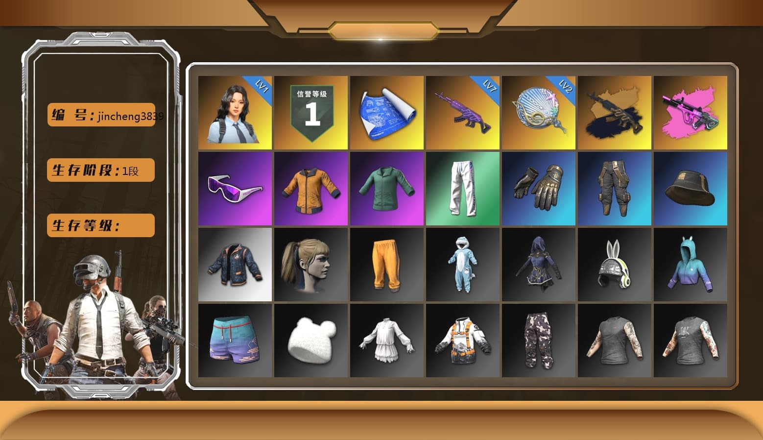 Medusa — Beryl M762 (Gold Charcoal), Neon Dream — AUG, Snow Glasses, Harley Quinn's Hair, XingHun's Tiger Strike Pants, 2018 PUBG ALL-STAR T-shirt (Korean) - 1