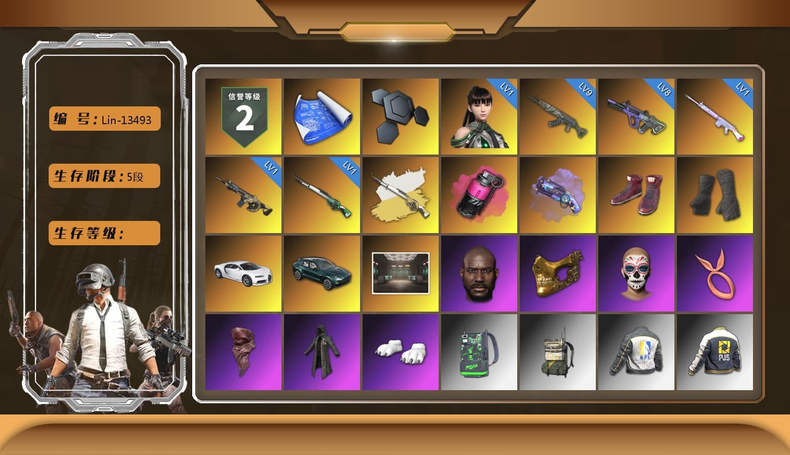 Cosmic Caliber - Kar98k (White Yellow), Magenta Smoke Grenade, Purple Magical Mist — M79, Hi-top Trainers (Red), Duncan's Infiltrator Handwraps, «Chiron» Sports Car, «DBX707» SUV, Jonathan Kamau, PGC 2021 Contingent Chaos Mask, PLAYERUNKNOWN's Bandana, Heavy Fur Coat (Black), Polar Bear Feet, Harley Quinn's Hair, NPL 2019 Phase 2 Jacket, PJS 2019 Phase 2 Jacket, Sha Wujing's Shorts, StreamerOne, GPT 2025 Four Angry Men Jacket, «DBX707» SUV - 1