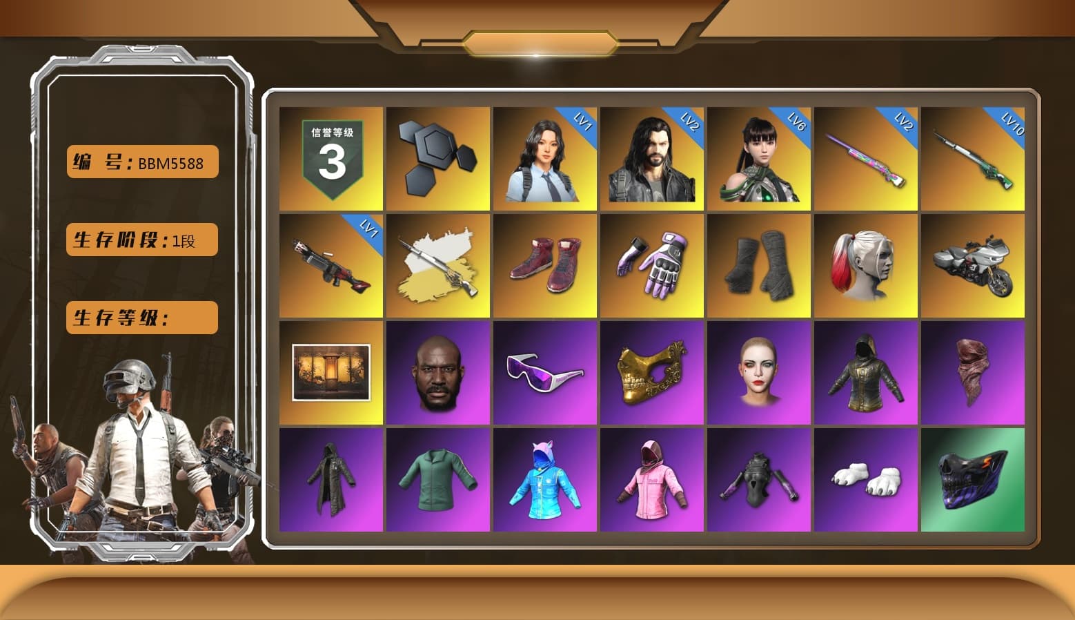 Cosmic Caliber - Kar98k (White Yellow), Hi-top Trainers (Red), Heybox Gloves, Duncan's Infiltrator Handwraps, Harley Quinn's Hair, Jonathan Kamau, Snow Glasses, PGC 2021 Contingent Chaos Mask, PLAYERUNKNOWN's Bandana, Heavy Fur Coat (Black), Polar Bear Feet, Rash Beixli Xtra Tough Jacket, Harley Quinn's Hair, Rash Beixli Xtra Tough Jacket, Harley Quinn's Makeup, XingHun's Tiger Strike Jacket, XingHun's Tiger Strike Pants, Sideshow Bear Feet, Full Autumn — M416 - 1