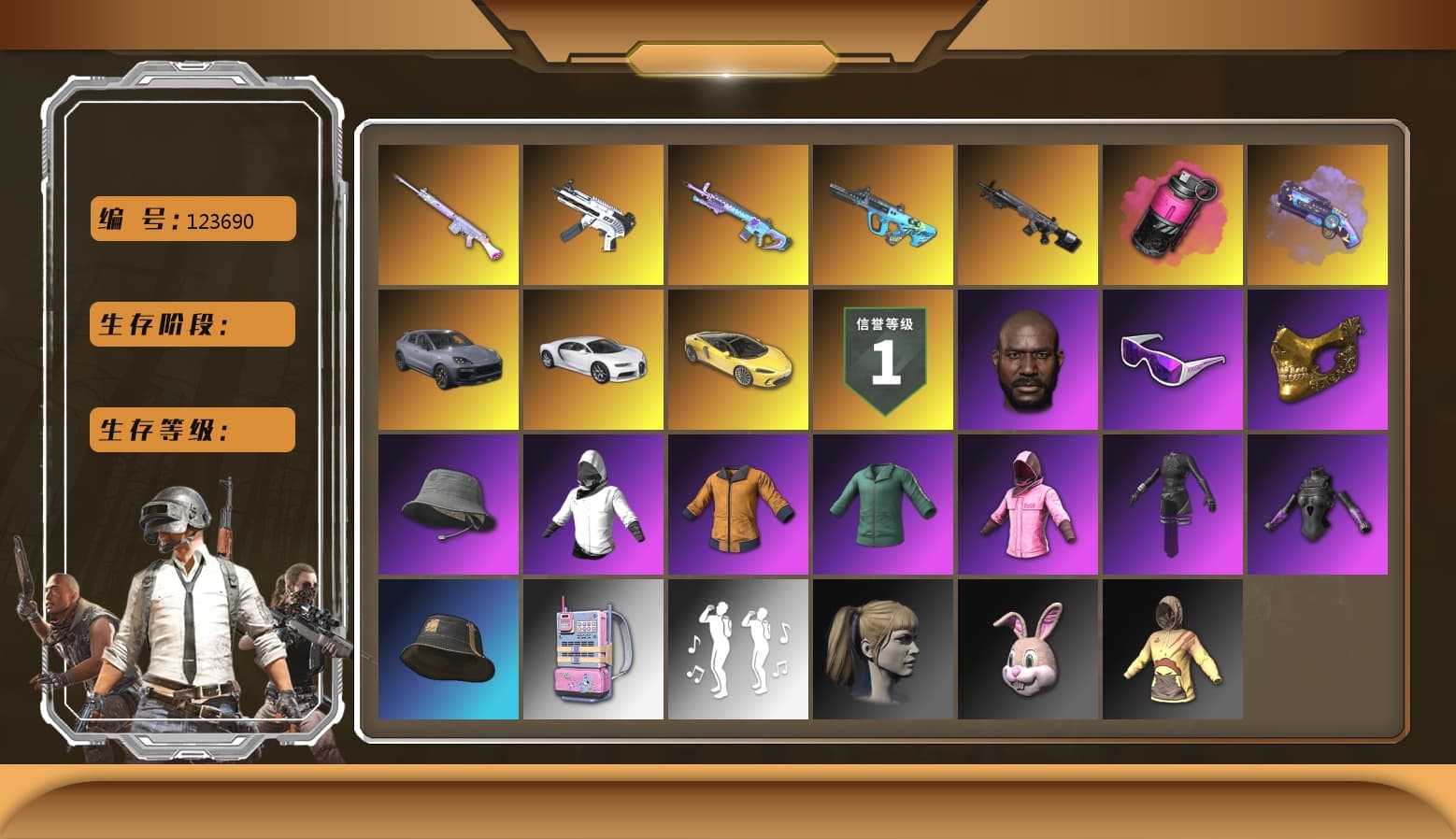 «Cayenne Turbo GT» SUV, Magenta Smoke Grenade, Deadly Dollhouse — SLR, ZERO-G — MP5K, «Chiron» Sports Car, Hocus Focus — Mk12, Rash Beixli Xtra Tough Jacket, Rash Beixli Xtra Tough Jacket, PGC 2021 Contingent Chaos Mask, Snow Glasses, Jonathan Kamau, Harley Quinn's Hair, Purple Magical Mist — M79, Aespa, «Chiron» Sports Car, G-DRAGON — AUG, Obscura - Mk12 - 1