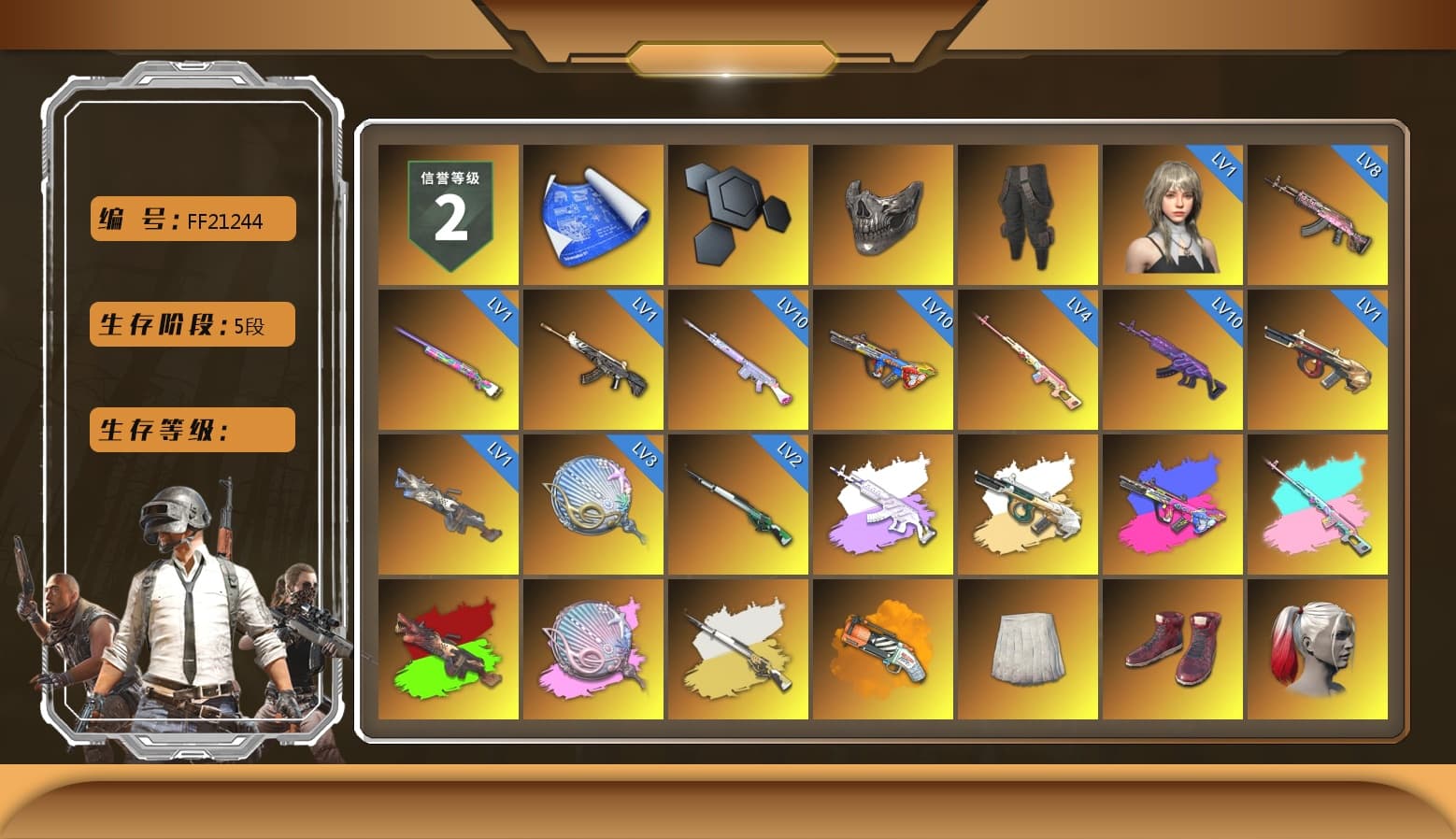 Rest in Pink — Dragunov [4], Reaper Mask, Survivalist Slacks, Medusa — Beryl M762 (Gray Purple), Rest in Pink — Dragunov (Teal Pink), Siren — Pan (Pink), Cosmic Caliber - Kar98k (White Yellow), Orange Fog of Fury — M79, School Skirt, Hi-top Trainers (Red), Harley Quinn's Hair, «Panamera Turbo S» Sedan, «Countach LPI 800-4» Sports Car, «Panigale V4 S (Jaded)» Motorcycle, Snow Glasses, Demon Biker Horns, Kansas Headband, PLAYERUNKNOWN's Bandana, Heavy Fur Coat (Black), Rash Beixli Xtra Tough Jacket, Pubg X Newjeans, Aespa, Polar Bear Feet, Harley Quinn's Hair, Rash Beixli Xtra Tough Jacket, Harley Quinn's Makeup, PEL 2019 Phase 2 Jacket, PKL 2019 Phase 2 Jacket, MET Asia Series Distressed Jeans, StreamerOne, Full Autumn — M416, Festive Gloves (Red), DOUYU T-shirt - 1
