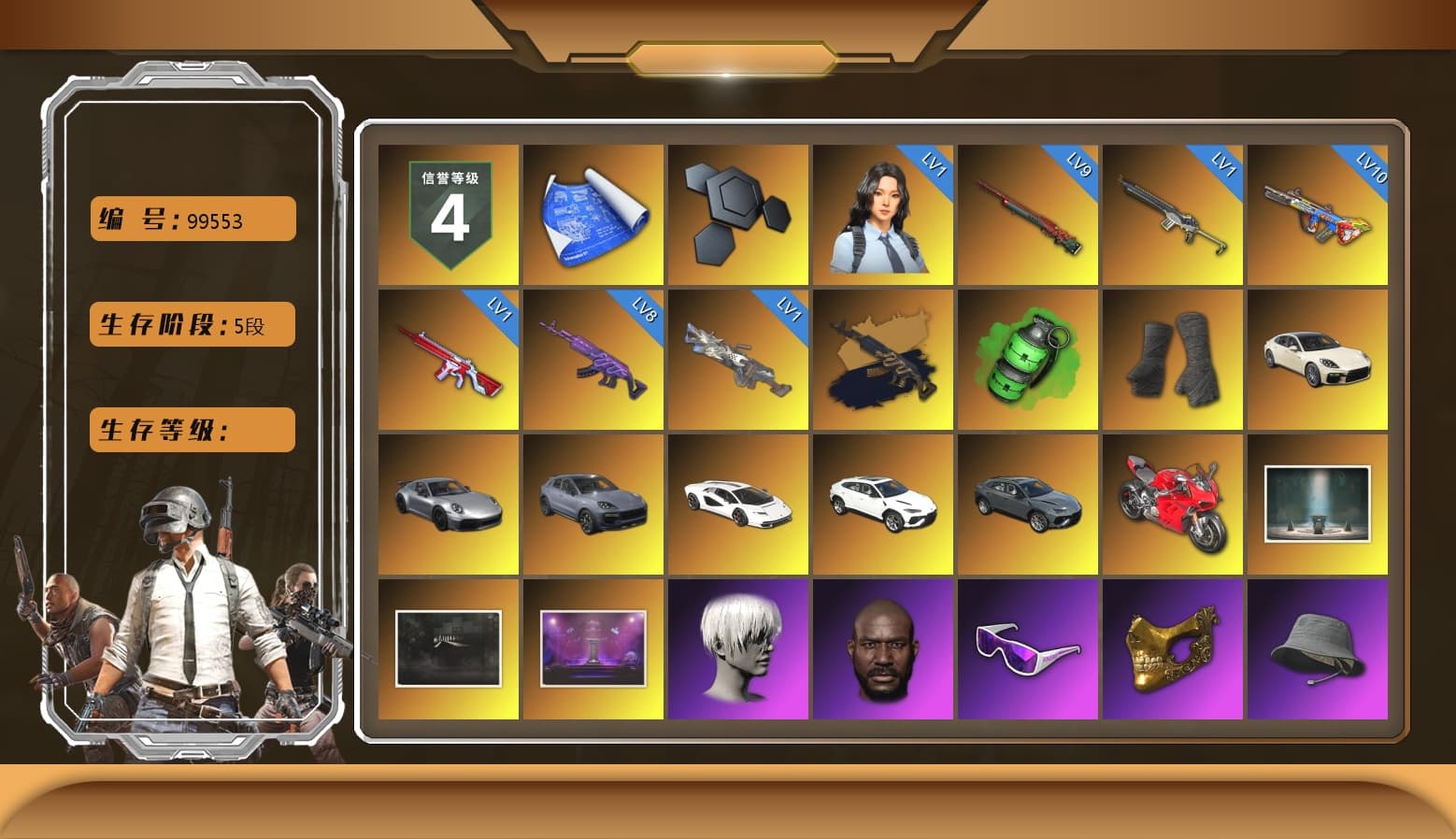 Medusa — Beryl M762 (Gold Charcoal), Emerald Smoke Grenade, Duncan's Infiltrator Handwraps, «Panamera Turbo S» Sedan, «911 Carrera GTS» Sports Car, «Cayenne Turbo GT» SUV, «Countach LPI 800-4» Sports Car, «Urus S» SUV, «Panigale V4 S (Ducati Red)» Motorcycle, Jonathan Kamau, 9S's Hairstyle, Snow Glasses, PGC 2021 Contingent Chaos Mask, Polar Bear Feet, Escapee Jacket, Jailbird T-Shirt, Rash Vest, Pubg X Newjeans, Aespa, Nier, Harley Quinn's Hair, PML 2019 Phase 2 Jacket, PEL 2019 Phase 2 Jacket, XingHun's Tiger Strike Jacket, XingHun's Tiger Strike Pants, XiongDi Hoodie, Sha Wujing's Shorts, StreamerOne, Full Autumn — M416, Silver Plate — Mini14, Blue Thunder Gloves, Diva Glasses (White), Rose-tinted Glasses, shroud's Cloth Mask, DOUYU T-shirt - 1