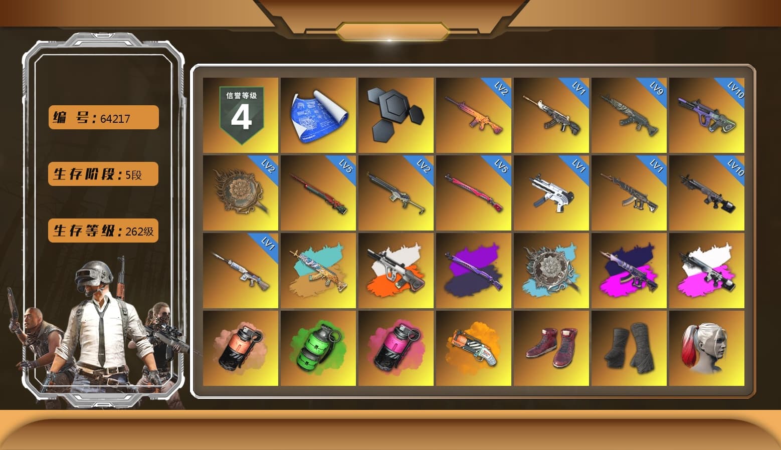 Neon Dream - AUG (White Orange), Demon's Touch - ACE32 (Purple Fuchsia), Obscura - Mk12 (Silver Fuchsia), Coral Smoke Grenade, Emerald Smoke Grenade, Magenta Smoke Grenade, Orange Fog of Fury — M79, Hi-top Trainers (Red), Duncan's Infiltrator Handwraps, Harley Quinn's Hair, «911 Carrera GTS» Sports Car, «Cayenne Turbo GT» SUV, «Countach LPI 800-4» Sports Car, «V12 Vantage Roadster (Luxe)» Sports Car, «DBX707» SUV, «Panigale V4 S (Renegade Rose)» Motorcycle, «Panigale V4 S (Ducati Red)» Motorcycle, 9S's Hairstyle, Jonathan Kamau, PGC 2021 Contingent Chaos Mask, Demon Biker Horns, PLAYERUNKNOWN's Bandana, Heavy Fur Coat (Black), Rash Beixli Xtra Tough Jacket, Pubg X Newjeans, Polar Bear Feet, Nier, Harley Quinn's Hair, Rash Beixli Xtra Tough Jacket, Harley Quinn's Makeup, PML 2019 Phase 2 Jacket, XingHun's Tiger Strike Jacket, XingHun's Tiger Strike Pants, NPL 2019 Phase 2 Jacket, PJS 2019 Phase 2 Jacket, PKL 2019 Phase 2 Jacket, Sideshow Bear Feet, Exquisite Pants, XiongDi Hoodie, StreamerOne, Full Autumn — M416, Douyu Biker Jacket, Forever's S1897, Festive Gloves (Red), Blue Thunder Gloves, 2018 PUBG ALL-STAR T-shirt (Korean), GLL Grand Slam Sweatshirt, «DBX707» SUV - 1