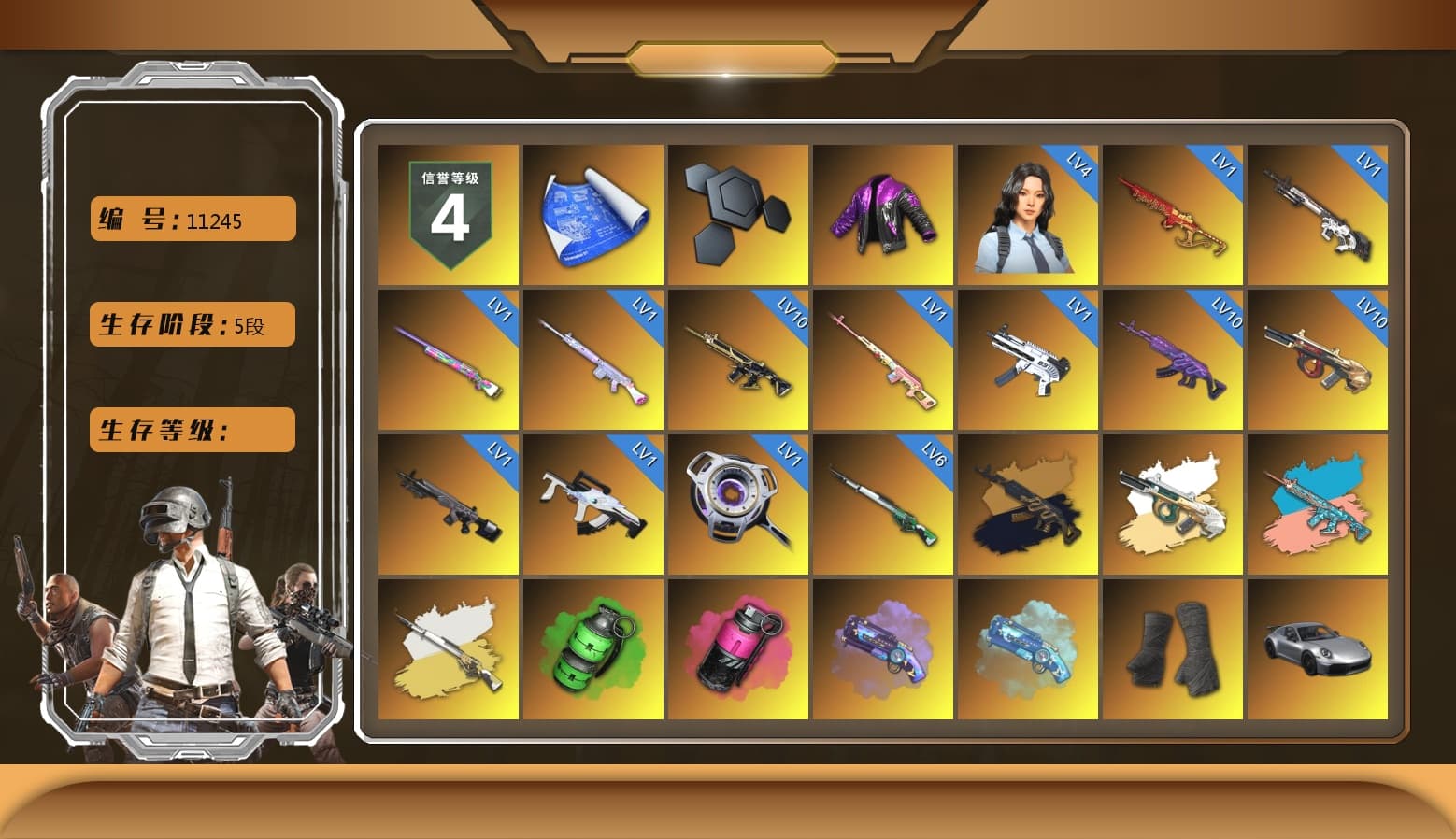Rest in Pink — Dragunov [1], Medusa — Beryl M762 (Gold Charcoal), Zhu Bajie — M416 (Teal Orange), Cosmic Caliber - Kar98k (White Yellow), Emerald Smoke Grenade, Magenta Smoke Grenade, Purple Magical Mist — M79, Blue Magical Mist — M79, Duncan's Infiltrator Handwraps, «911 Carrera GTS» Sports Car, «Cayenne Turbo GT» SUV, «Countach LPI 800-4» Sports Car, «Urus S» SUV, «Panigale V4 S (Pitch Black)» Motorcycle, 9S's Hairstyle, Jonathan Kamau, Snow Glasses, PGC 2021 Contingent Chaos Mask, Demon Biker Horns, La Catrina Makeup, Rash Beixli Xtra Tough Jacket, Pubg X Newjeans, Aespa, Polar Bear Feet, Nier, Harley Quinn's Hair, Rash Beixli Xtra Tough Jacket, PML 2019 Phase 2 Jacket, PEL 2019 Phase 2 Jacket, XingHun's Tiger Strike Jacket, XingHun's Tiger Strike Pants, NPL 2019 Phase 2 Jacket, PJS 2019 Phase 2 Jacket, PKL 2019 Phase 2 Jacket, Sideshow Bear Feet, Exquisite Pants, XiongDi Hoodie, MET Asia Series Distressed Jeans, StreamerOne, GPT 2025 Four Angry Men Jacket, Full Autumn — M416, Refined Aeolus — Vector, Festive Gloves (Red), Blue Thunder Gloves, DOUYU T-shirt - 1