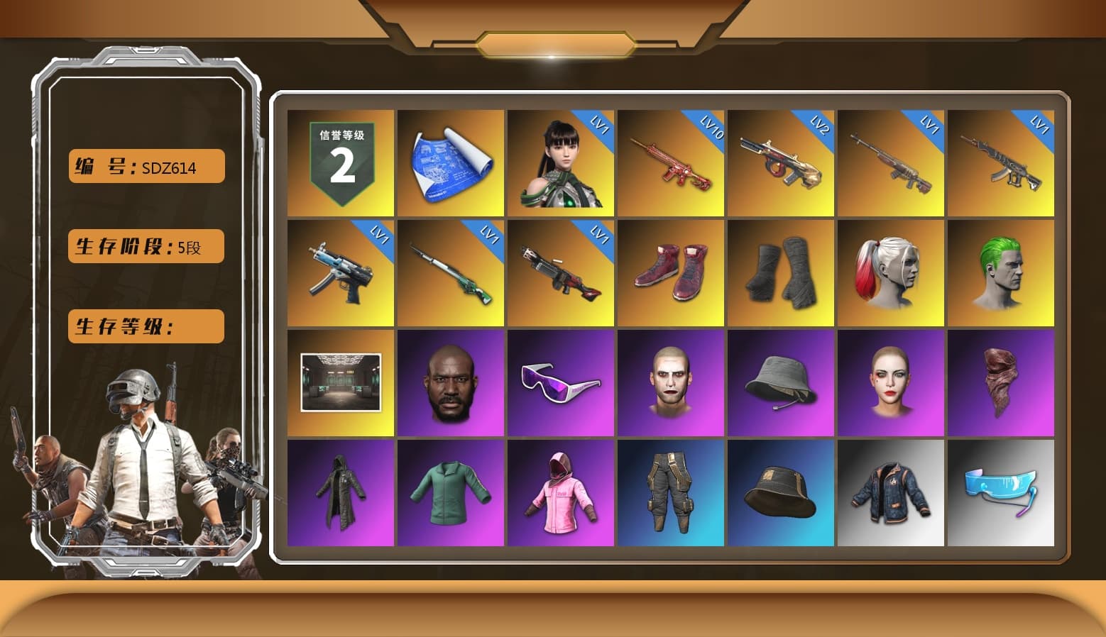 Hi-top Trainers (Red), Duncan's Infiltrator Handwraps, Harley Quinn's Hair, The Joker's Hair, Jonathan Kamau, Snow Glasses, The Joker's Hair, PLAYERUNKNOWN's Bandana, Heavy Fur Coat (Black), Rash Beixli Xtra Tough Jacket, Harley Quinn's Hair, Rash Beixli Xtra Tough Jacket, Harley Quinn's Makeup, Sha Wujing's Shorts, StreamerOne, Full Autumn — M416, Blue Thunder Gloves - 1
