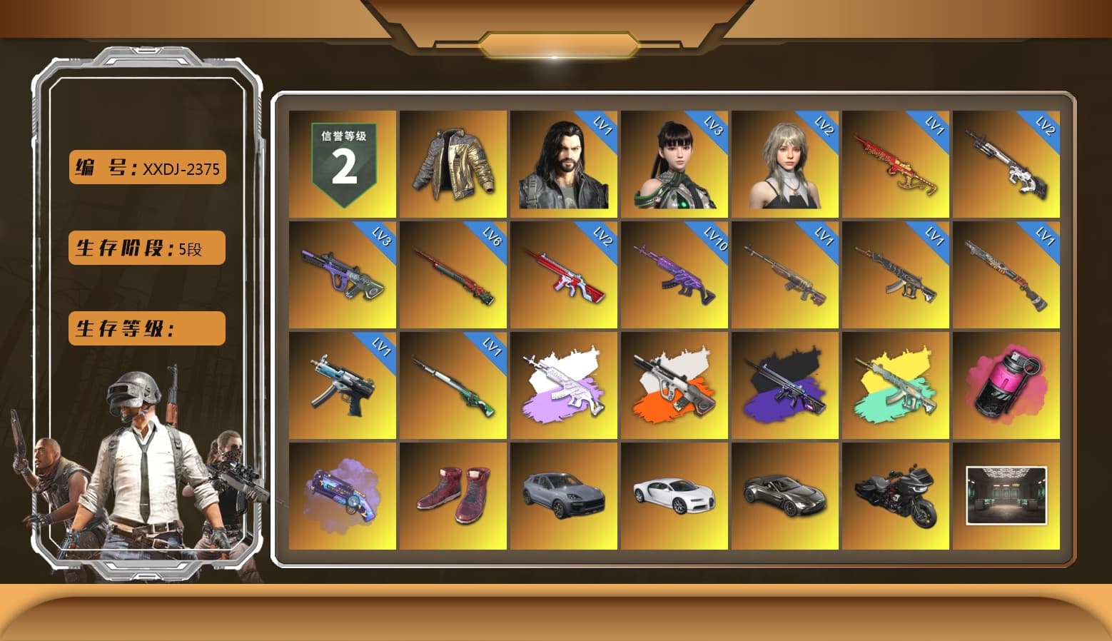 Douyu Biker Jacket, Medusa — Beryl M762 (Gray Purple), Neon Dream - AUG (White Orange), No Signal — M416 (Purple Charcoal), Magenta Smoke Grenade, Purple Magical Mist — M79, Hi-top Trainers (Red), «Cayenne Turbo GT» SUV, «Chiron» Sports Car, «V12 Vantage Roadster» Sports Car, Jonathan Kamau, Snow Glasses, PGC 2021 Contingent Chaos Mask, PLAYERUNKNOWN's Bandana, Heavy Fur Coat (Black), Rash Beixli Xtra Tough Jacket, Pubg X Newjeans, Aespa, Polar Bear Feet, Harley Quinn's Hair, Rash Beixli Xtra Tough Jacket, PML 2019 Phase 2 Jacket, PEL 2019 Phase 2 Jacket, XingHun's Tiger Strike Jacket, XingHun's Tiger Strike Pants, NPL 2019 Phase 2 Jacket, PJS 2019 Phase 2 Jacket, Exquisite Pants, MET Asia Series Distressed Jeans, Sha Wujing's Shorts, Full Autumn — M416, Refined Aeolus — Vector, Blue Thunder Gloves, HUYA T-shirt, DOUYU T-shirt, «DBX707» SUV - 1
